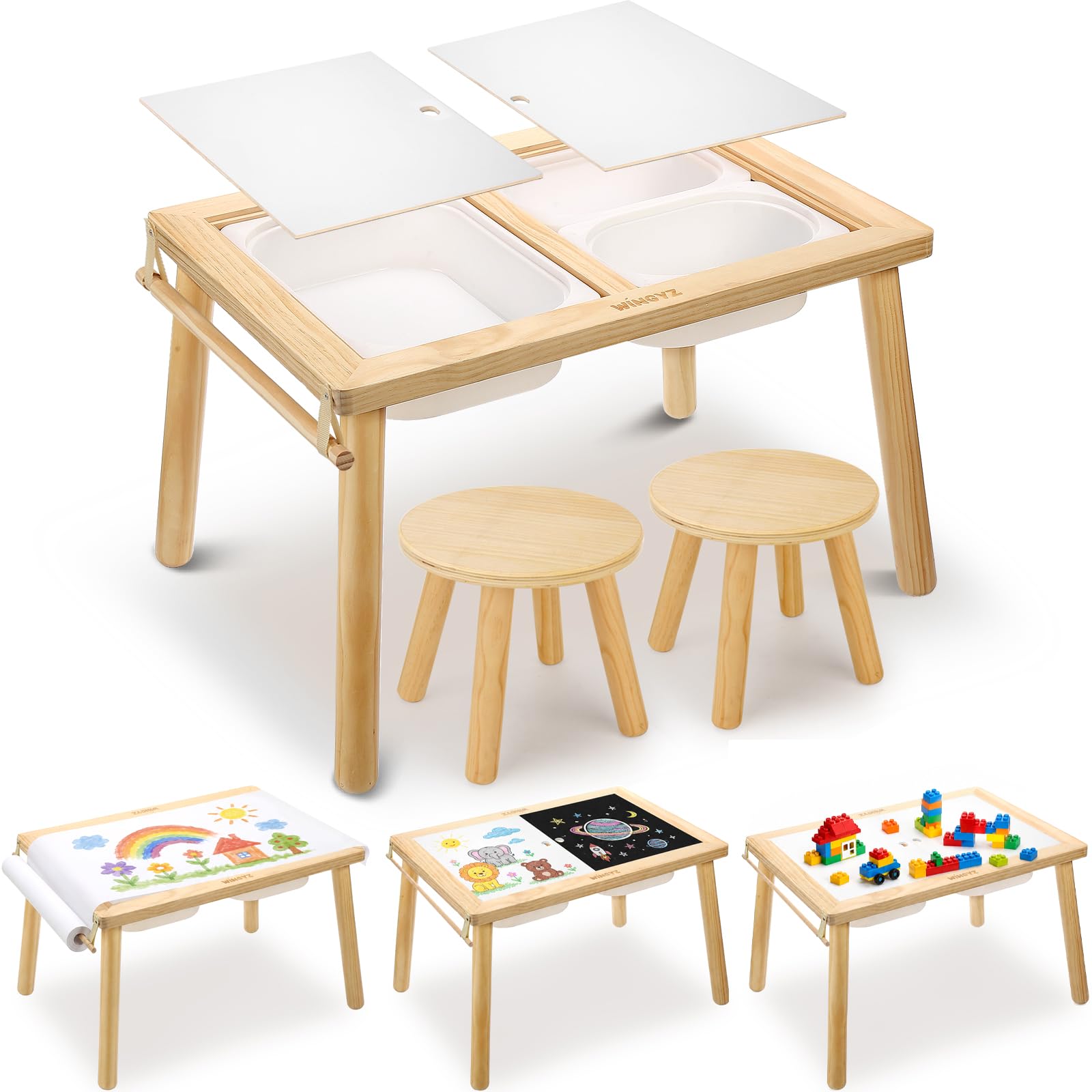 WINGYZ Sensory Table and 2 Chairs Set, Toddler Table with 3 Storage Bin FSC