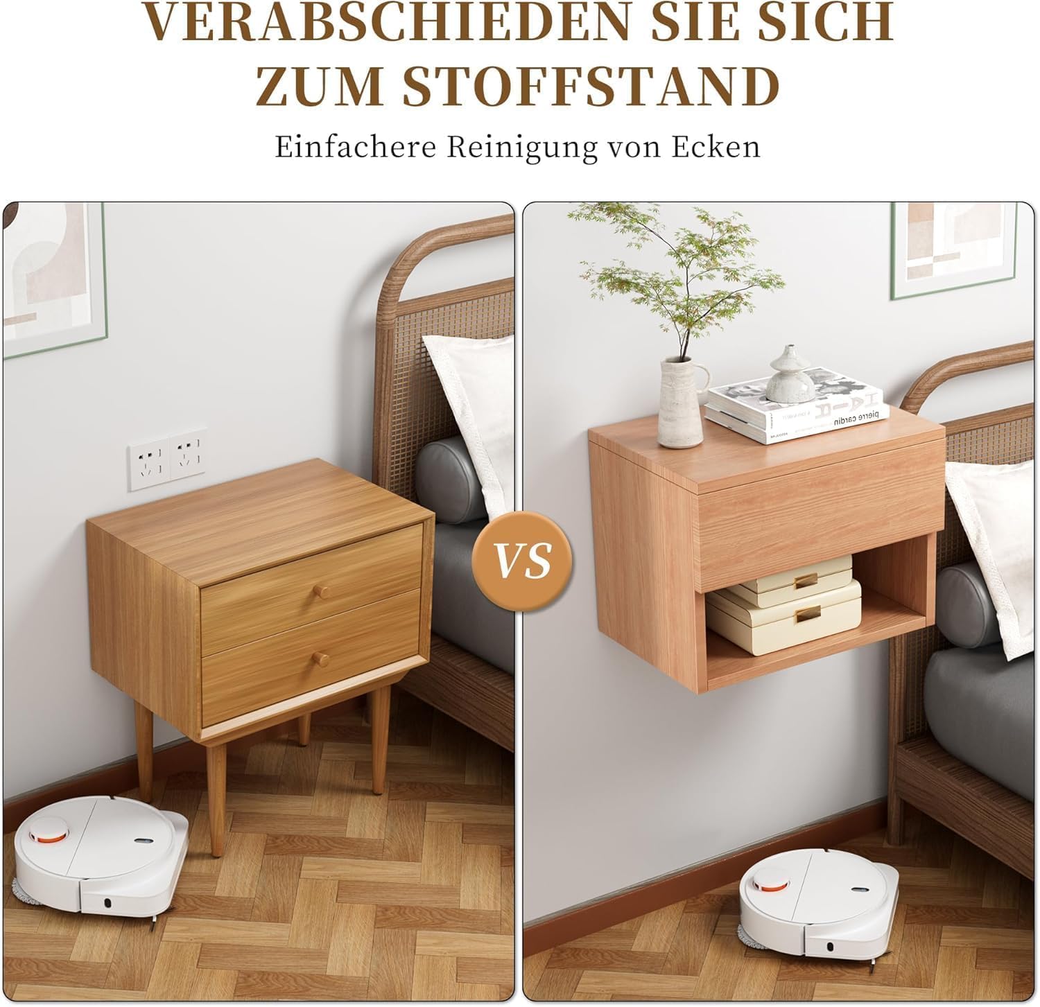 Kiseely Nachttisch hängende, Schwebender Nachtschrank mit Schubladen und viel Stauraum, hölzerner Nachttisch Regal, Beistelltisch Holz moderner für Schlafzimmer (Buche TY3, 2 Packs)