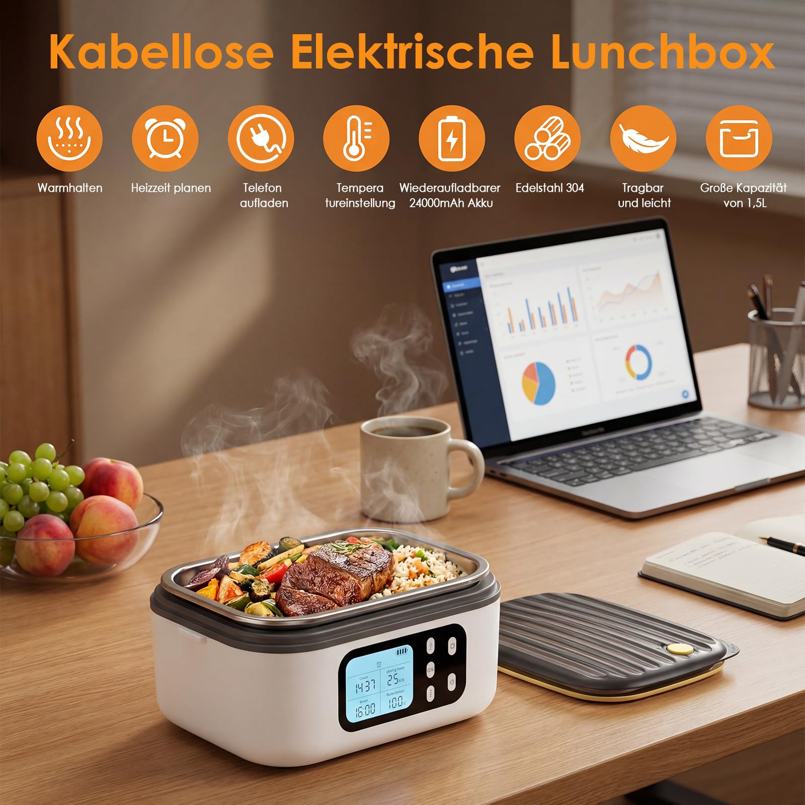 Dreamhigh 1,5 L Elektrische Lunchbox Mit Akku mit 24000 mAh, Lunchbox Elektrisch mit Auslaufsicheres Design & zeitgesteuerter Aufheizfunktion für Auto, Arbeit & Camping (weiß)