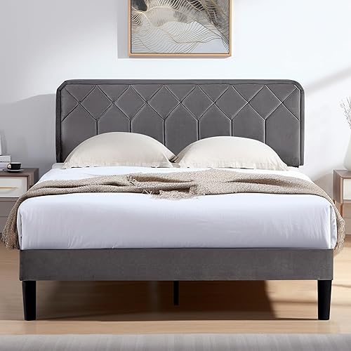VECELO Base de cama de tamaño matrimonial con plataforma tapizada de terciopelo de alta calidad con cabecera ajustable en altura base de colchón,
