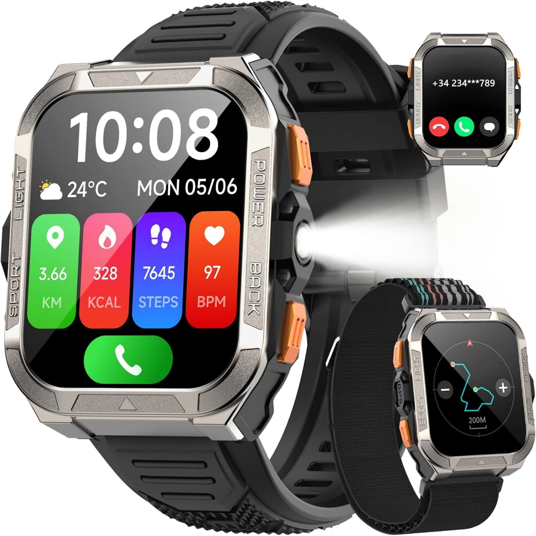IOWODO Reloj Inteligente Hombre con GPS,1.91" Militar Smartwatch con Llamadas Bluetooth,20 Días Batería/2 Correas/Linterna LED/Brújula/100+ Modo Deporte/IP68,24h Pulsómetro/SpO2/Sueño para Android iOS