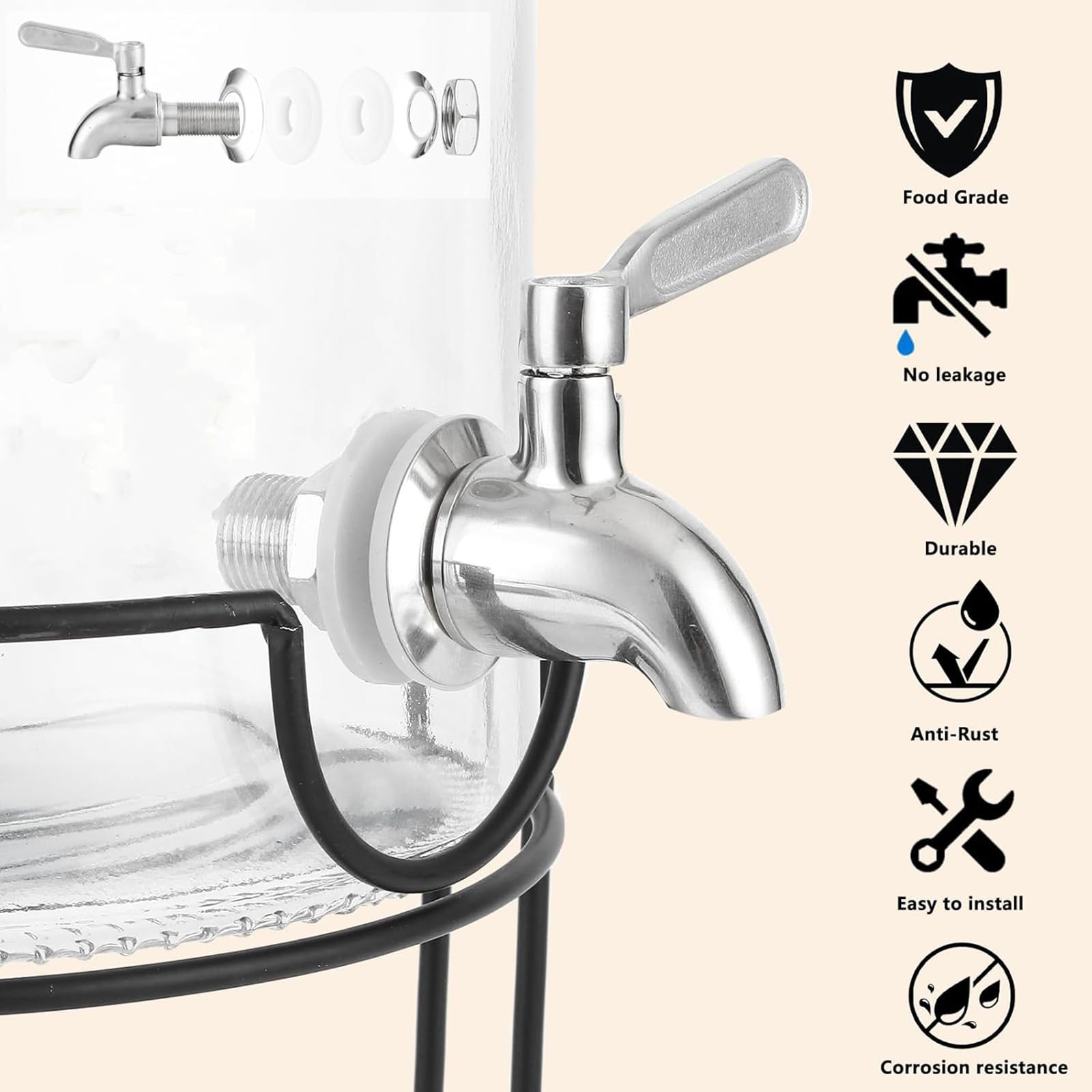 Getränkespender aus Glas mit Ständer, Deckel und Eiskern, auslaufsicherer Zapfhahn aus 18/8 Edelstahl, Einmachglas-Stil für Party, Eistee, Outdoor und Zuhause