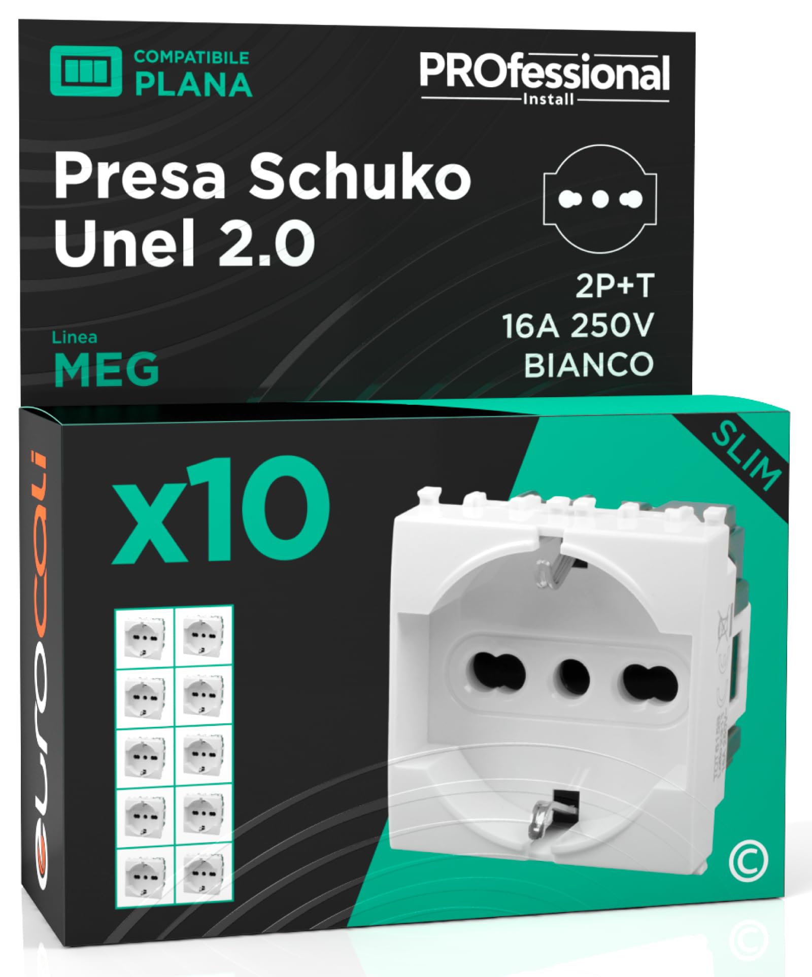 Presa Elettrica Schuko Unel 2.0 P40 16A 250V Compatibile con Vimar Plana Presa Italiana 2P+T Bipasso Bivalente 10/16A Frutti Elettrici Colore Bianco - Confezione da 10