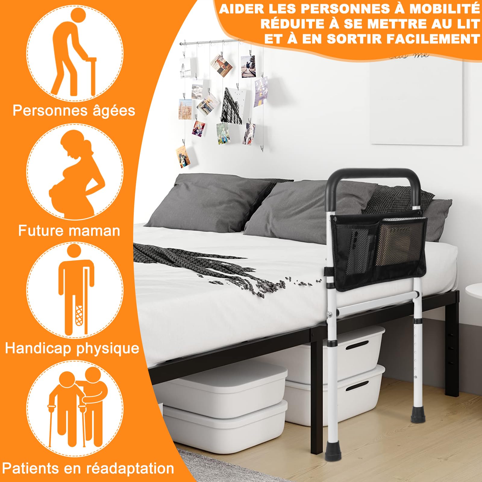 OUUTMEE Barriera del letto con piede di sostegno, regolabile in altezza, max. 150 kg | Maniglie per letto di sostegno, maniglia antiscivolo, borsa di stoccaggio, anti-caduta e sicurezza per anziani