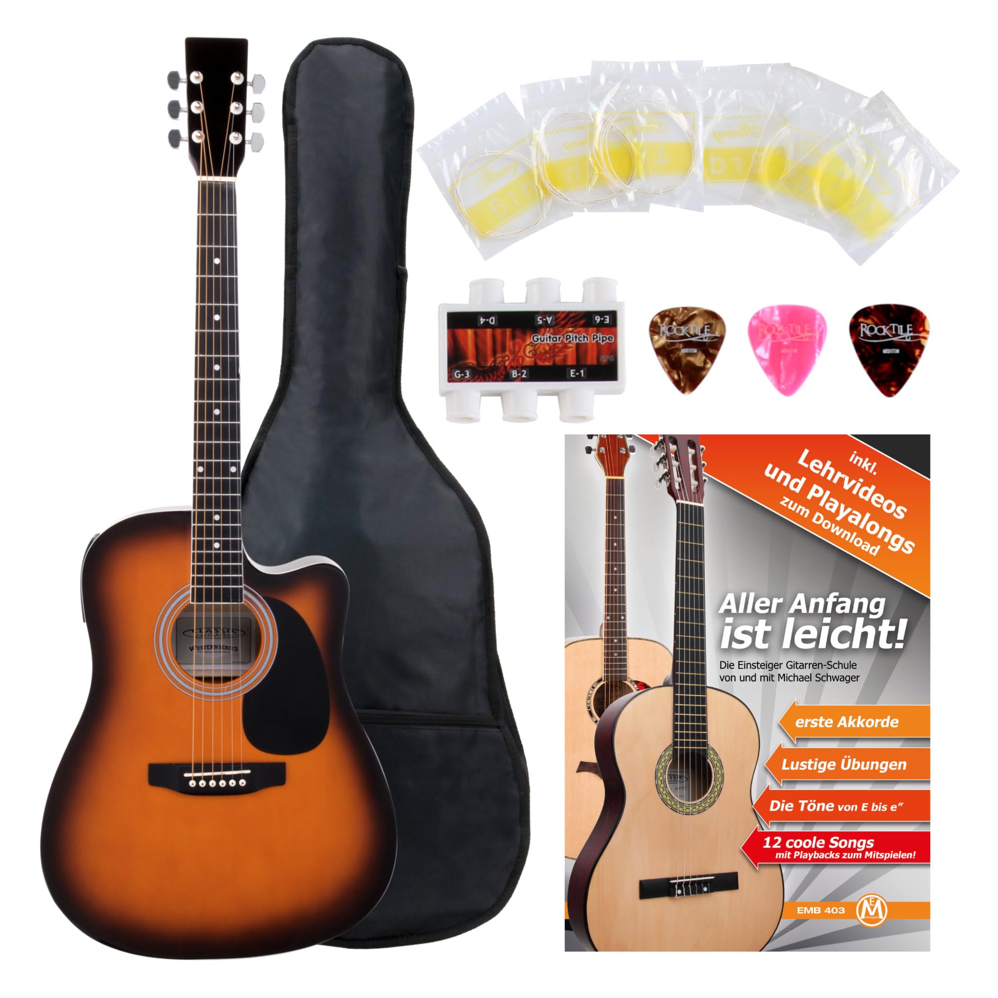 Classic Cantabile Chitarra Acustica Western con Pickup Starter-Set incl. | Stile Dreadnought con cutaway, 6 corde, 20 tasti, Capotasti: nickel silver, Tavola armonica, fondo, fasce: tiglio laminato