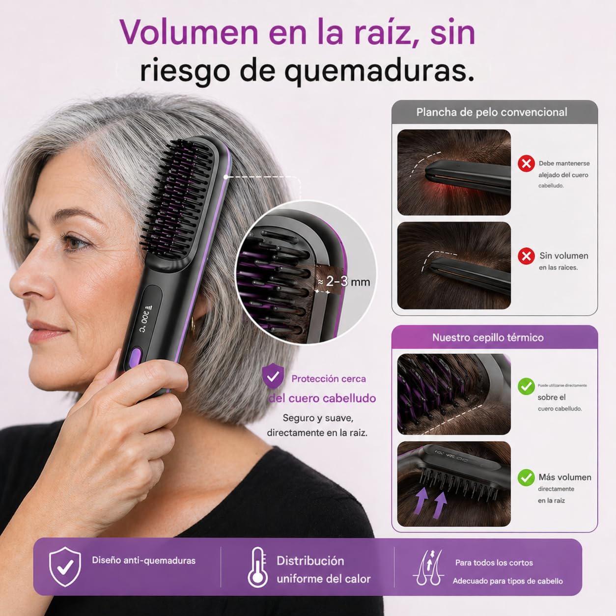 Styling BüRste, HaarbüRste füR Kurze Haare, Kabelloses Design, Geringes Gewicht – Ideal füR Feines, Plattes Haar (Rosa)