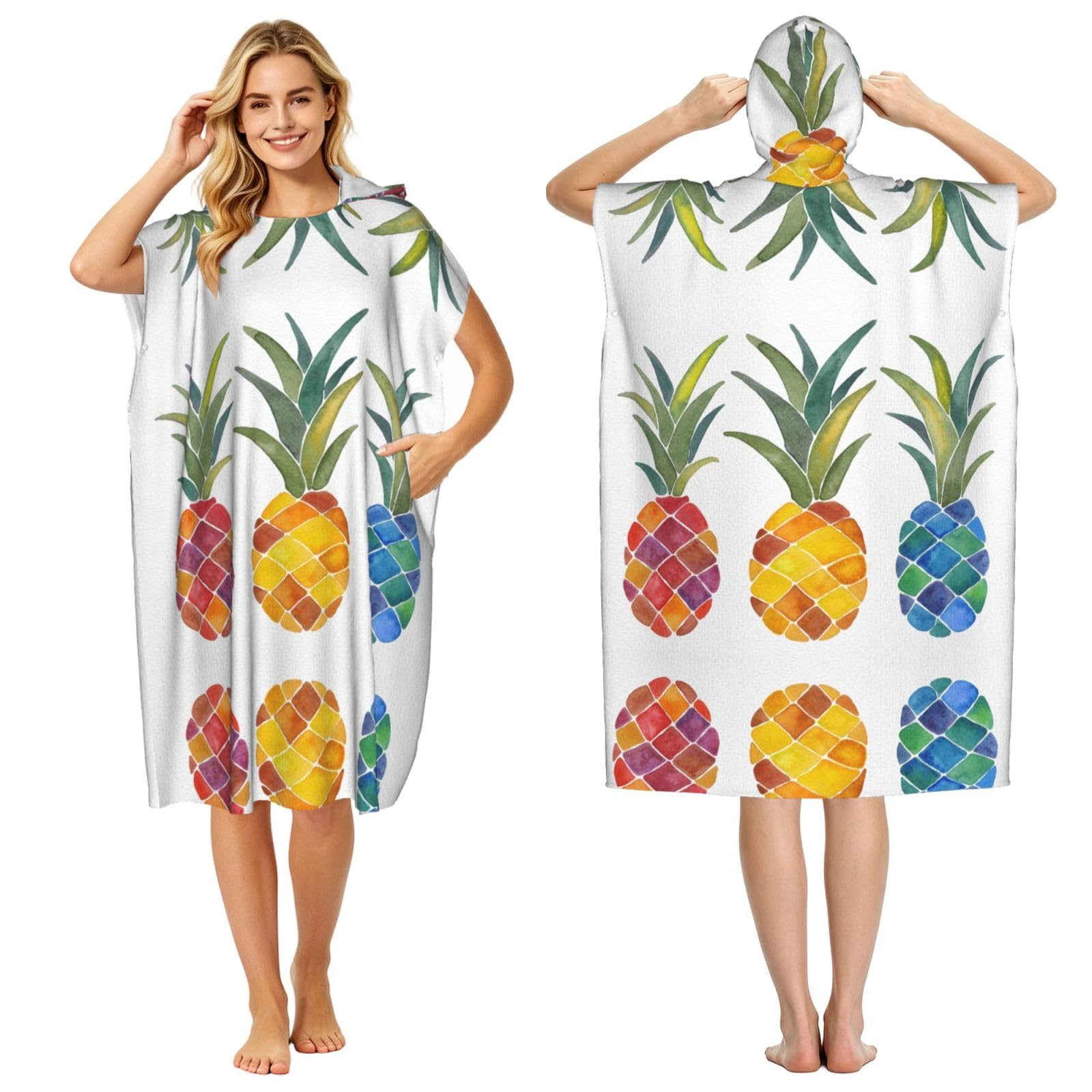 EZDLOWVBA Colorful Pineapples Print Hooded Poncho Microfiber Beach Towel,Adult Women & Men Changing Robe,Lightweight Summer Surf Swim Bath Poncho Towel