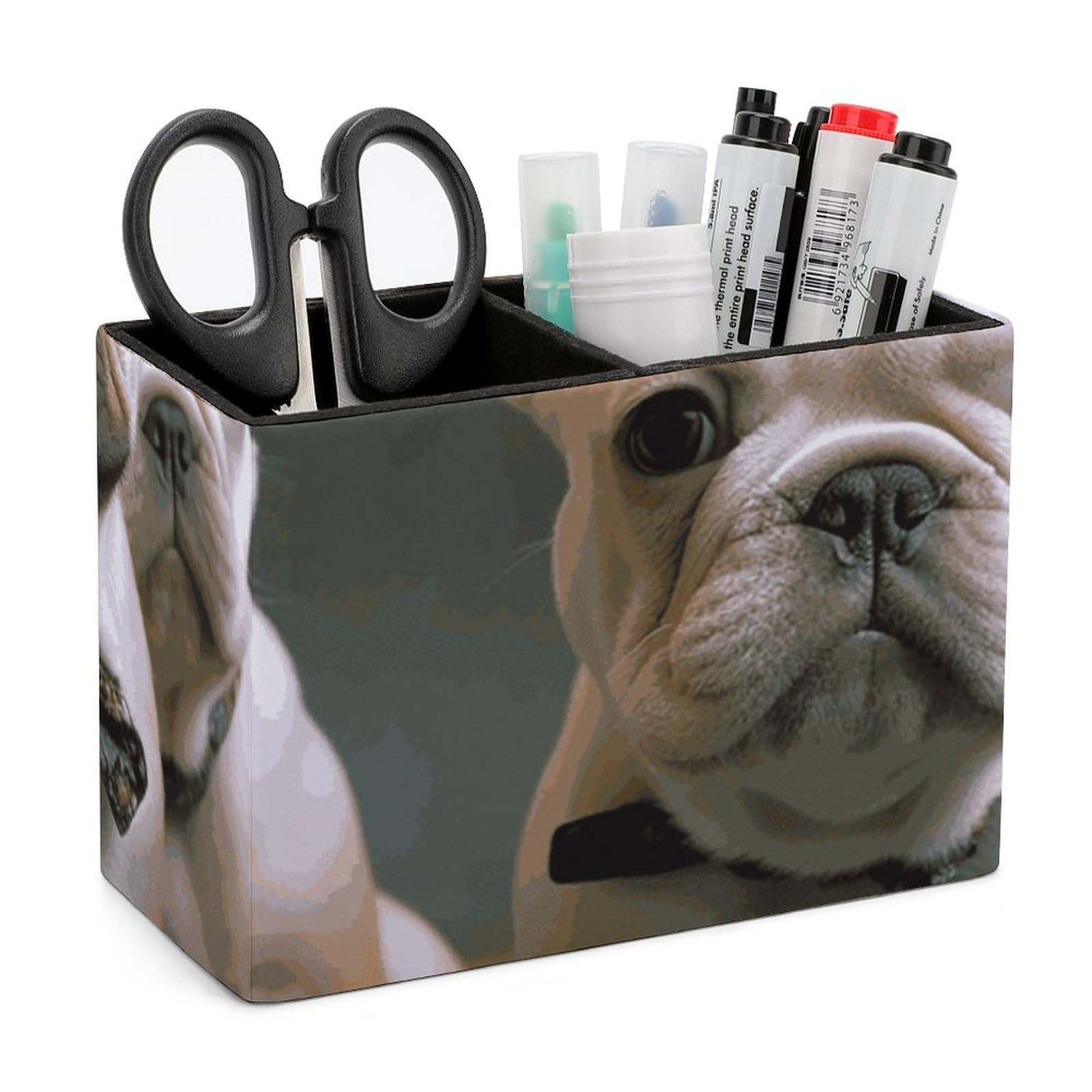 JTREHY French Bulldog Puppies Pencil Holder Exquisite Fashion Leather Pen Receptacle Soft High-End Pen Container for Office Home Accessories Or Housewarming Present