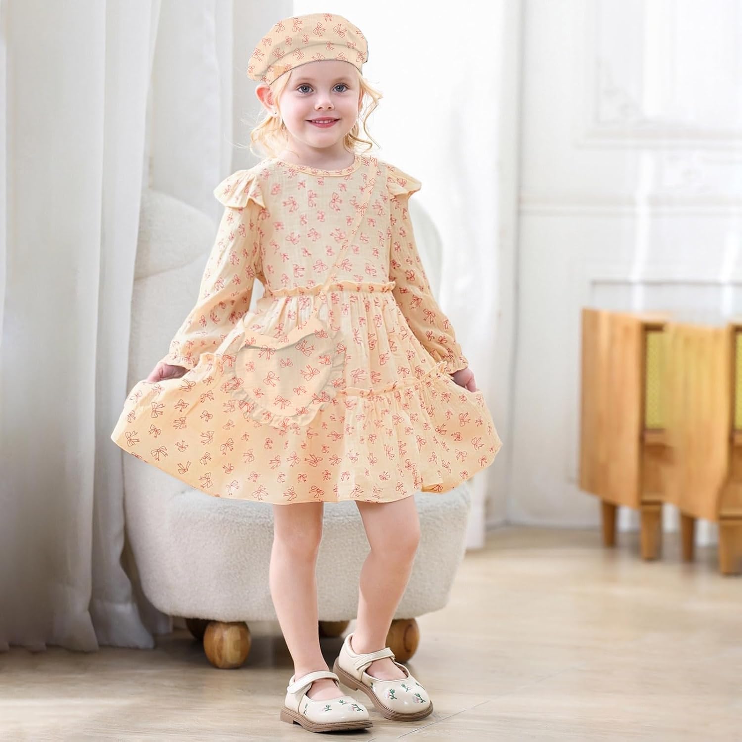 Toddler Girl Dress Kids Long Sleeve Ruffle Dresses Fall Winter Outfit Hat Bag Floral Girls Casual Playwear Dress - Image 2