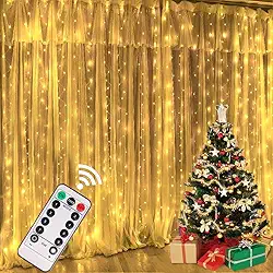 Cortina de Luz Pisca Pisca LED 3x3m 300 Leds com Controle Remoto USB – 8 Modos de Iluminação – Decoração Natal, Casamento, Festas e Quarto (Amarela)