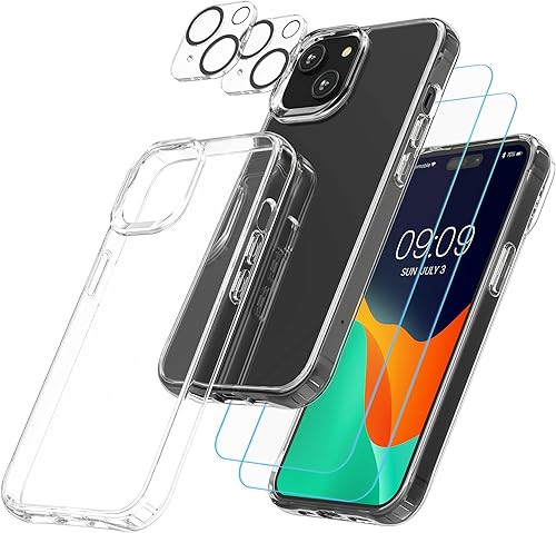 kwmobile Juego de fundas transparentes 5 en 1 compatibles con iPhone 15 Plus, incluye protectores de pantalla y cámara, transparente