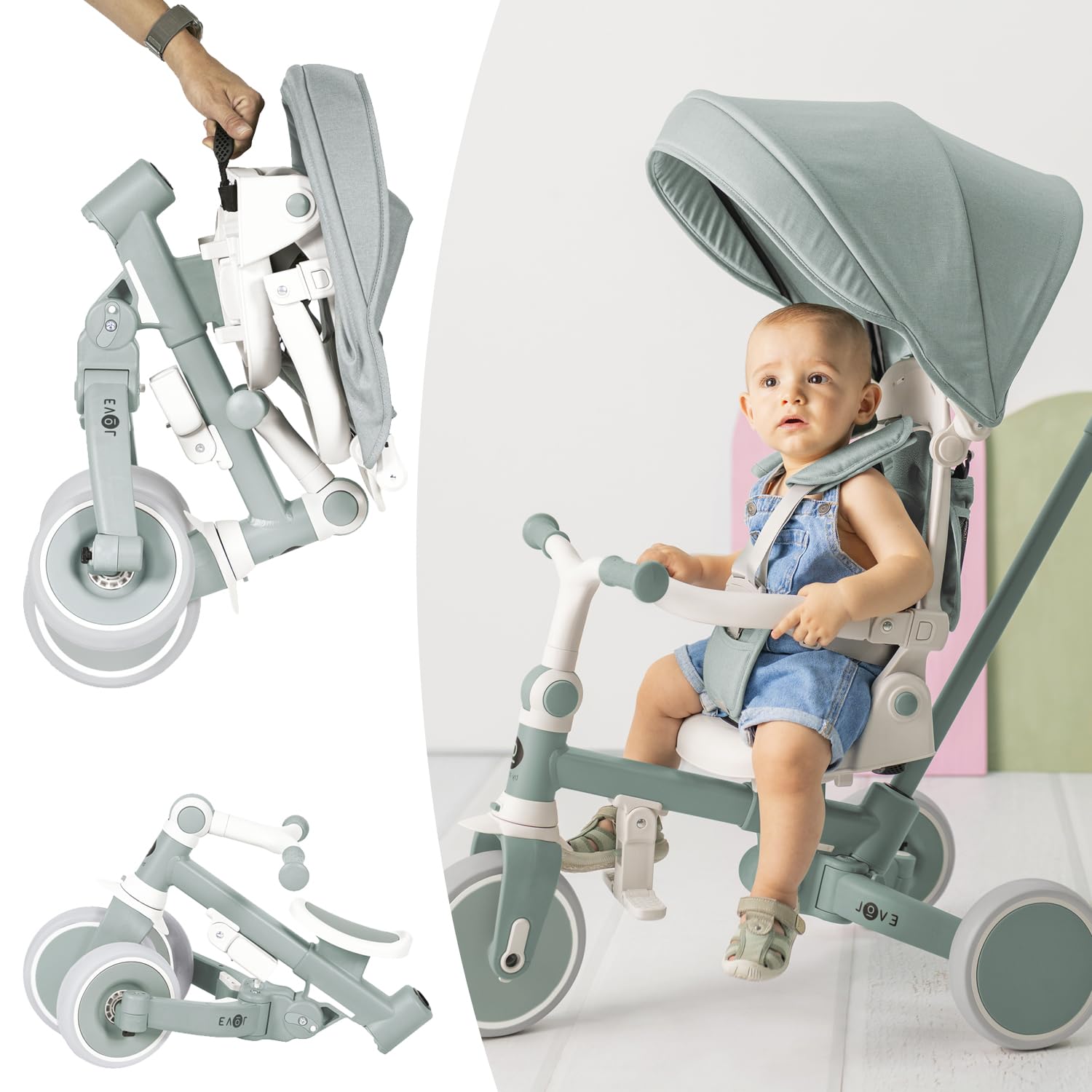 Olmitos - Triciclo Evolutivo de Bebé 5 en 1 EVOL - Bicicleta Niños de 1 año hasta 25 Kg - De Triciclo a Bicicleta con o sin Pedales – Respaldo, Barra Seguridad y Capota (Menta) — view 2