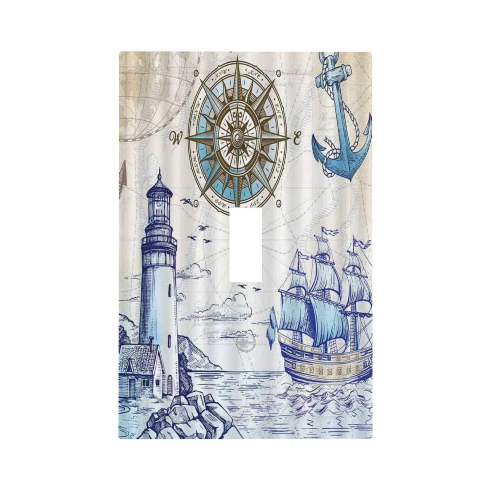 Nautical Sailboat Lighthouse Compass Anchor Map Single Toggle Wall Plate Decorative 1 Gang Light Switch Cover Electrical Faceplate for Bathrooms Bedroom Kitchen Home