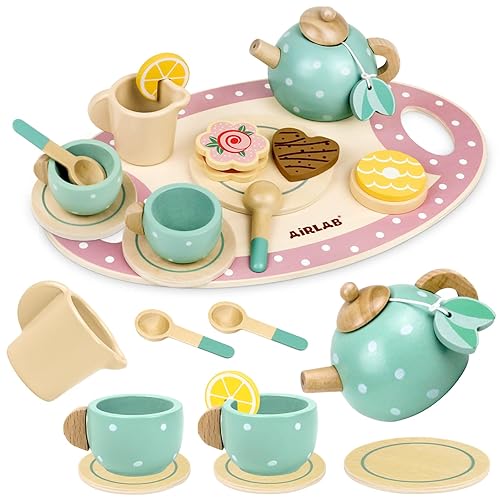 Airlab Wooden Tea Party Set for Girls Boys Pretend Play Kids Kitchen Accessories Food Toys with Teapots Cups Dessert Tray Toddlers Gift for 3 4 5 Years Old - Wooden Tea Set