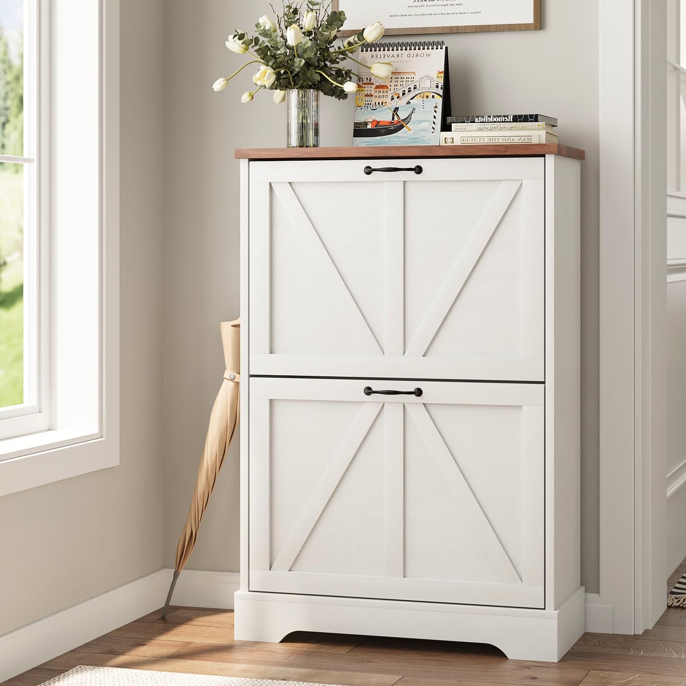 Smart FENDEE Shoe Cabinet, Shoe Storage Cabinet for Entryway with 2 Flip Drawers, Narrow Farmhouse Shoe Organizer Cabinet, Slim Shoe Rack Cabinet,