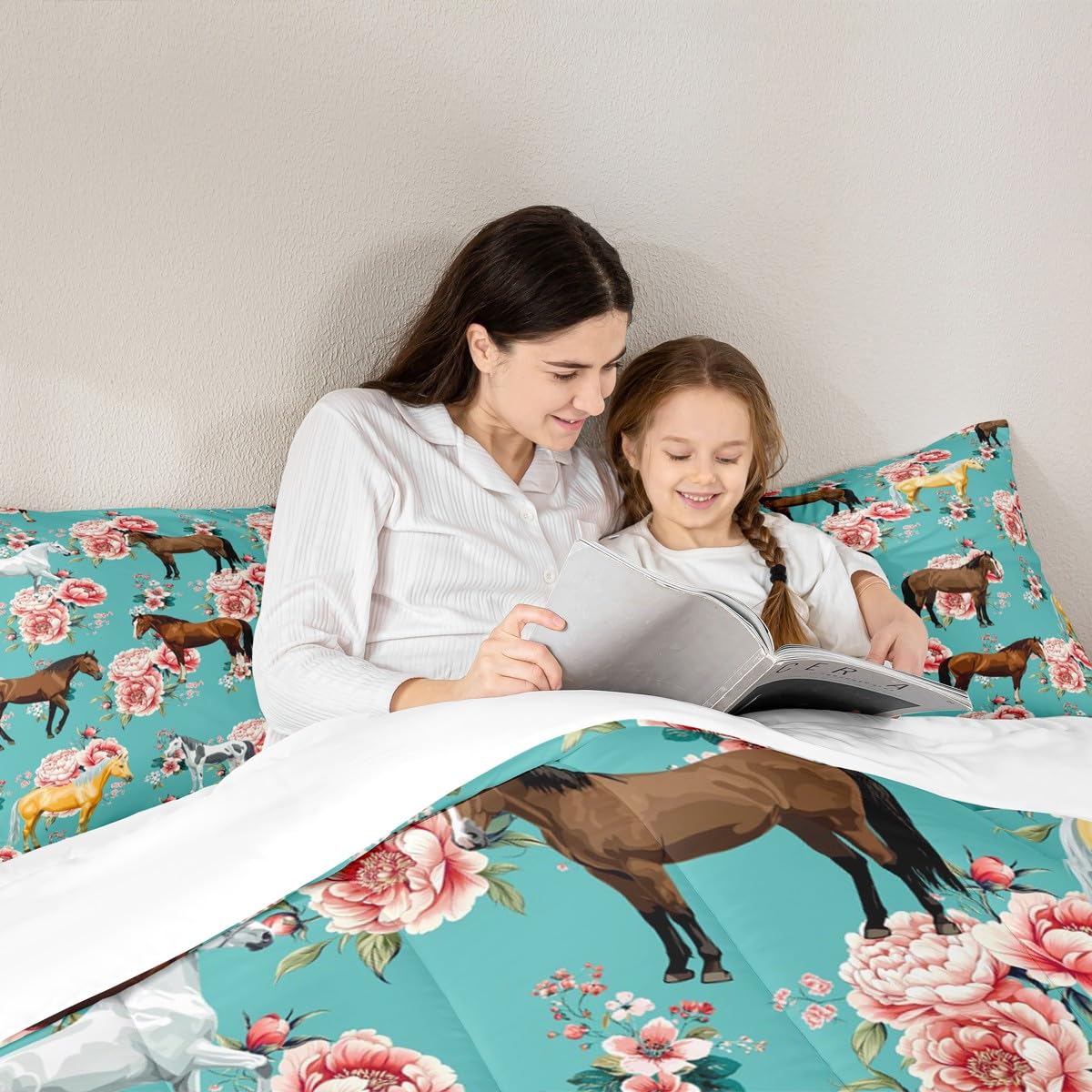 Erosebridal Juego de edredón de caballo para niñas, juego de ropa de cama de flores rosas para niños, edredón de plumón de caballo galopante, juego de edredón para mujeres, vaqueras vaqueras