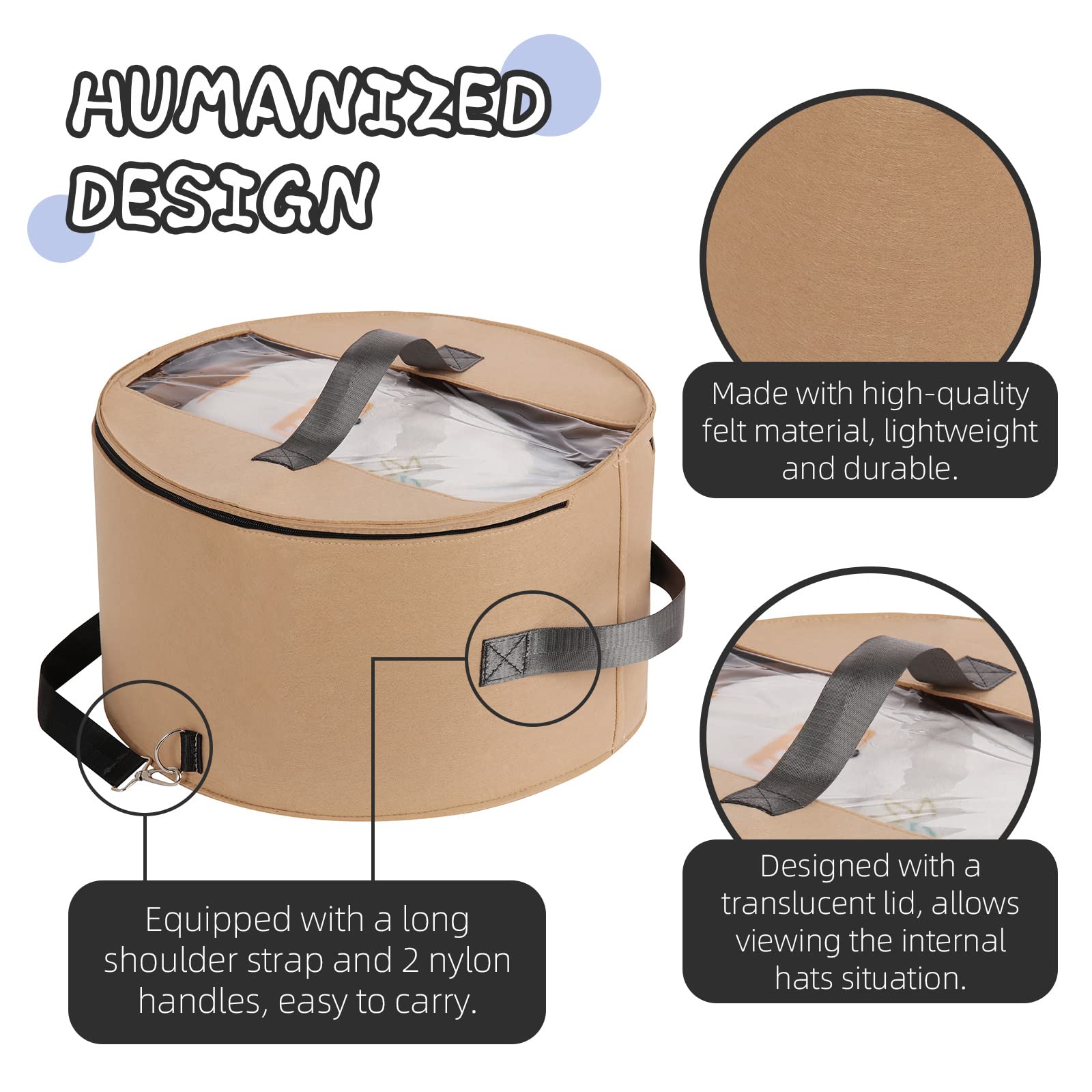 LITLANDSTAR Hat Organizer for Women and Men 17" D x 10" H Felt Round Hat Storage Box Portable Hat Container Foldable Hat Holder with Dust Proof Lid - Image 4