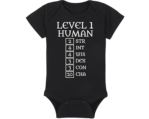 Miniatura 10 de Gaming Baby Onesie, Hat and Bib - Level 1 Human with Ability Scores - Helm +1 AC - Shield +2 AC (3-6 Month - Black Fabric - Gold Design)
