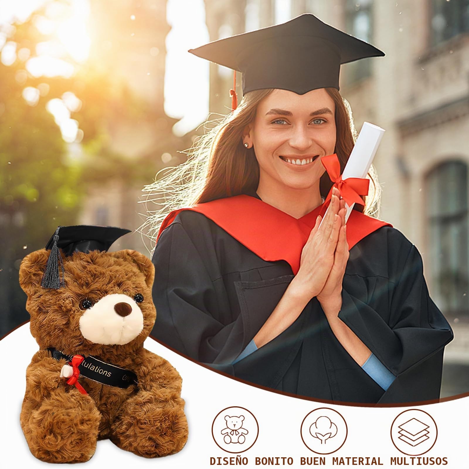 FGen 23 cm Peluche Personalizado, Oso de graduación 2024, Oso de Peluche con Diploma y Sombrero de médico, graduación Oso para niñas y niños (Sombrero Negro, marrón Oscuro)