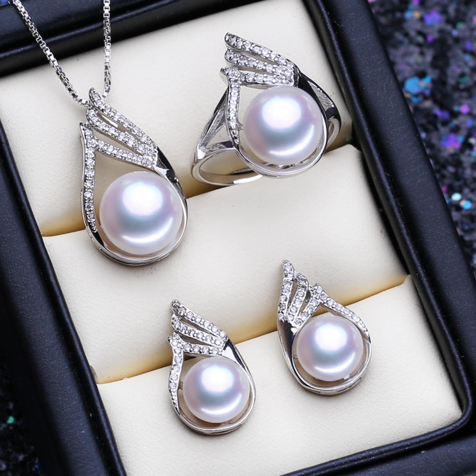 925 Sterling Silber Anhänger Halskette Naturperlen Schmuck Sets Für Frauen Klassische Ohrstecker Fashion Party Ringe