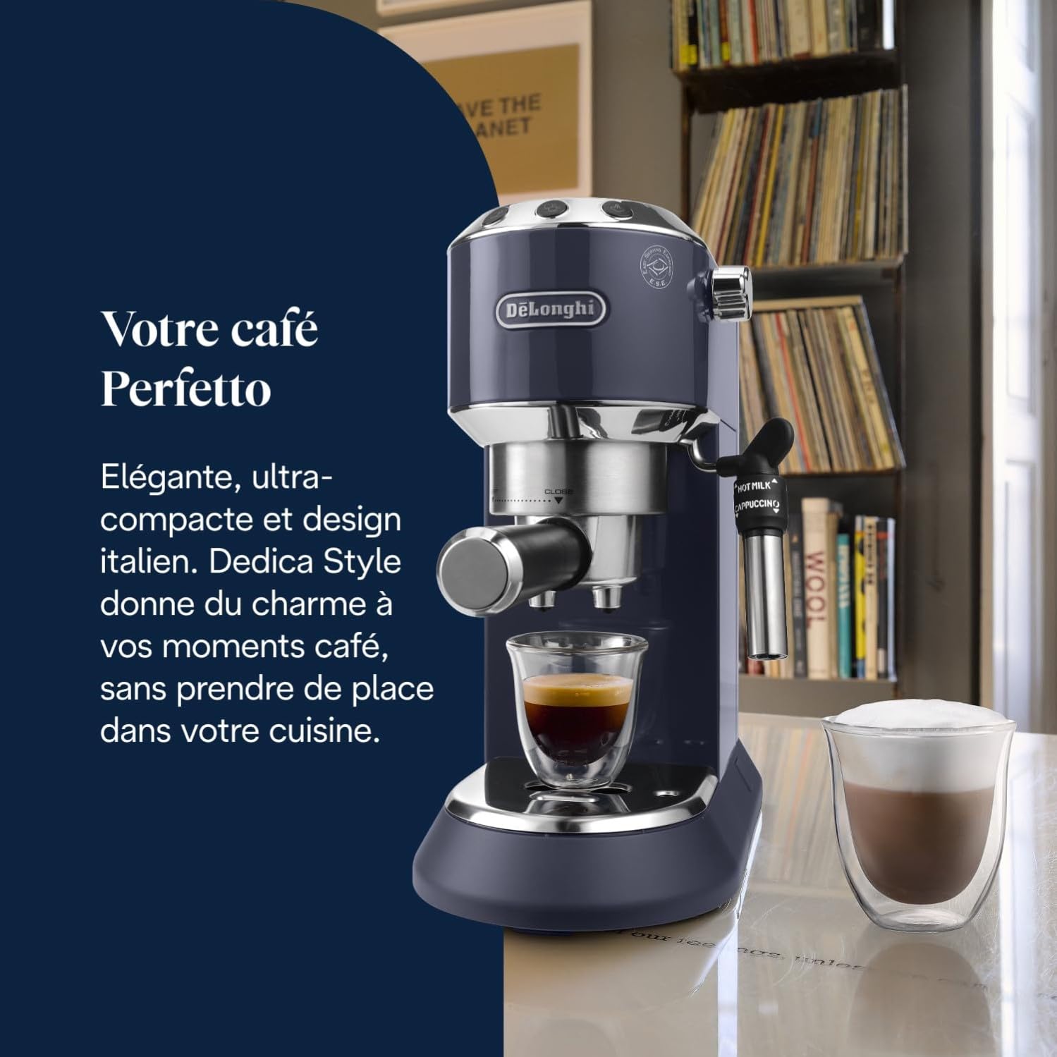 De’Longhi Dedica Style - Perfetto Machine à Expresso Compacte, Mousseur de Lait Manuel pour Expresso et Cappuccino, Compatible Dosettes ESE, Panneau de Commande à Boutons,Largeur 15cm,Bleue(EC685.BL)