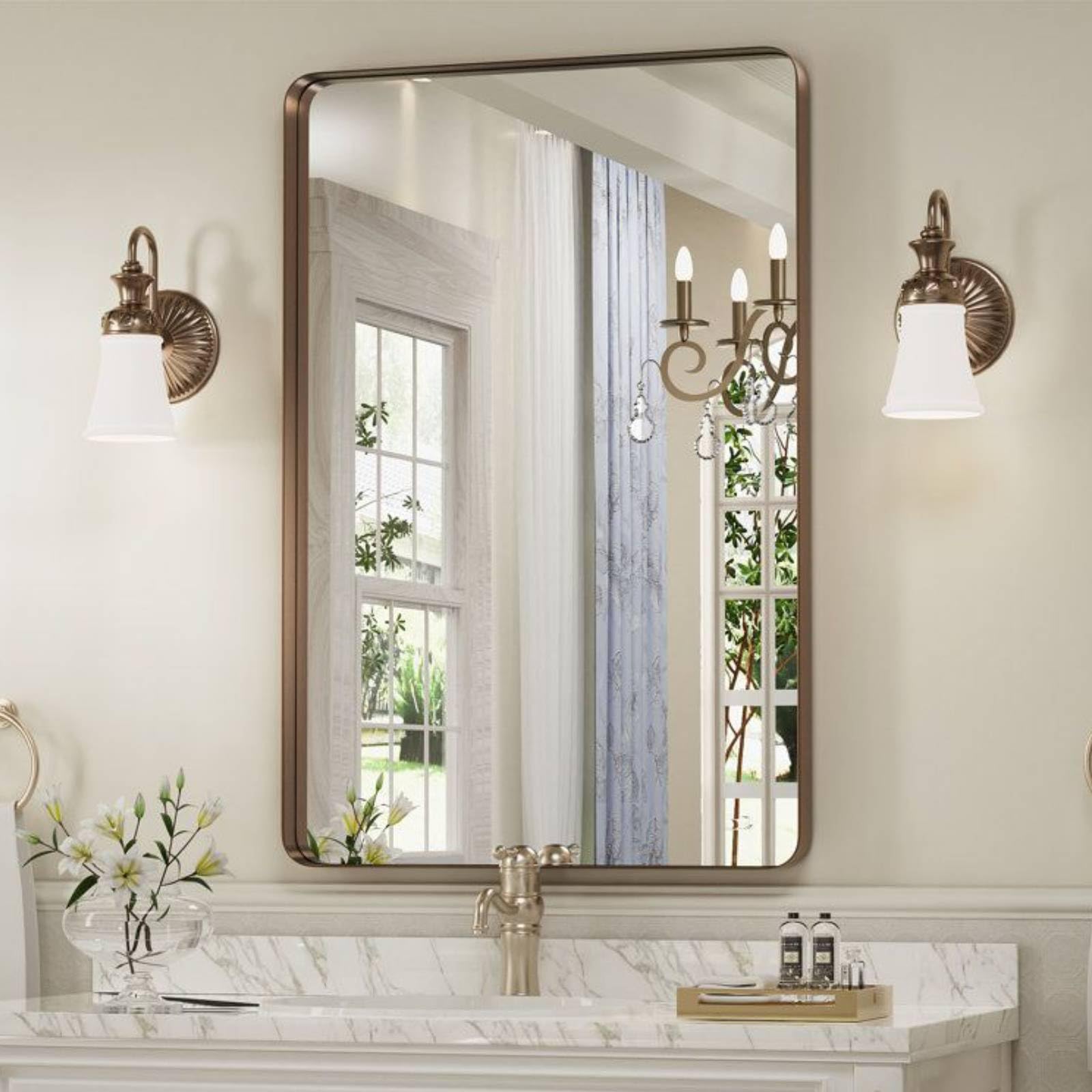 Bathroom Mirror, 20x30 Inch Wall Mounted Brushed Bathroom Mirror,Bronze Rounded Rectangle Metal ...