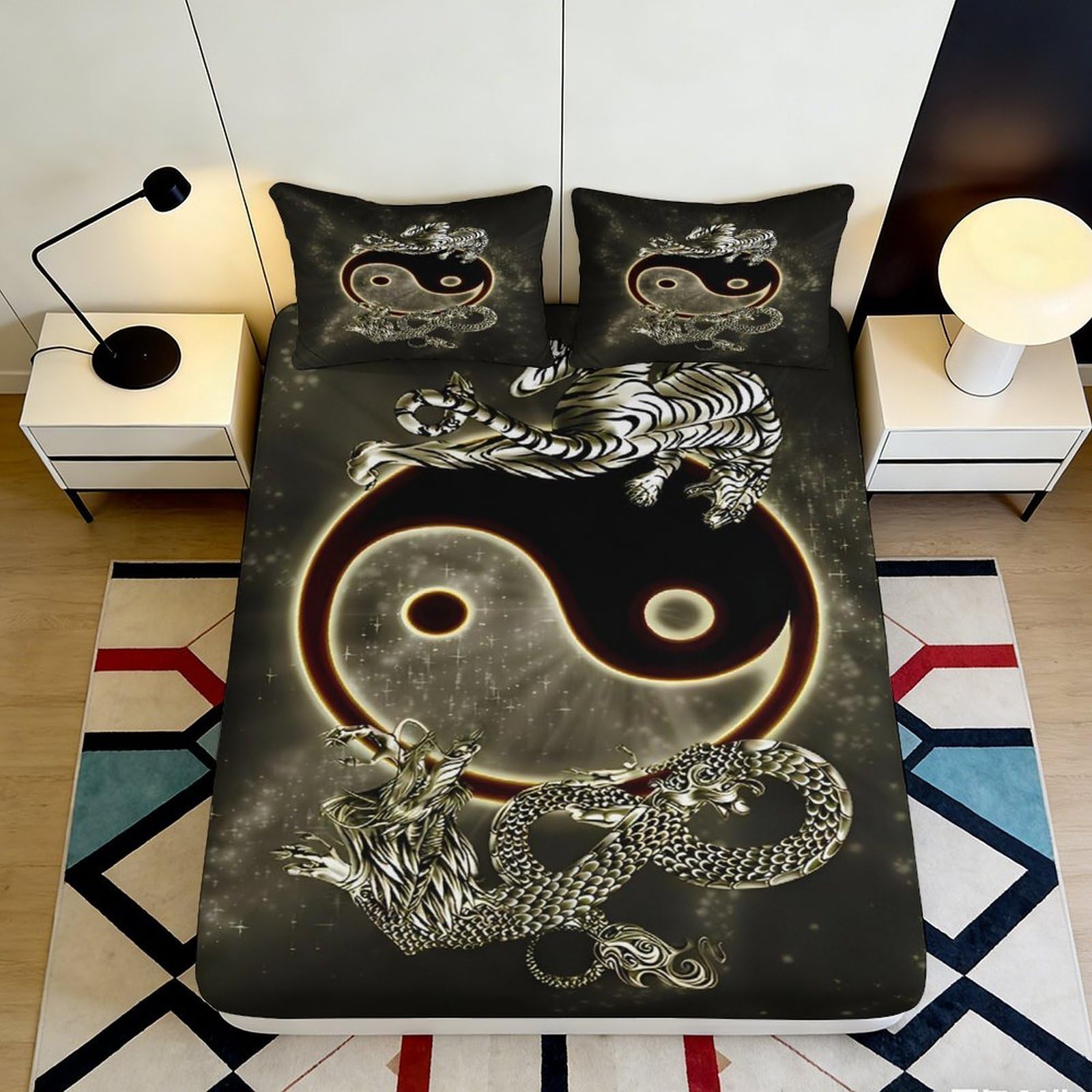 3D Printed Yin Yang Pattern Fitted Sheet Microfiber Soft Breathable Dragon and Tiger Bed Cover for Bedroom Dormitory Guest Room Mattress Protection 200x200x25cm