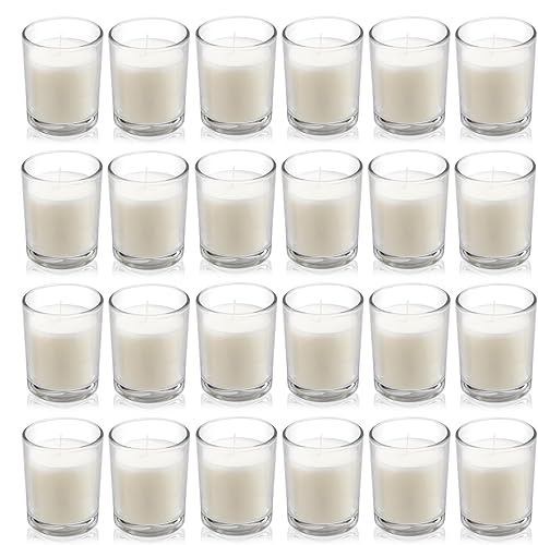Paquete de 24 velas votivas rellenas de vidrio transparente blanco cálido sin perfume. Vela de cera vertida a mano, regalo ideal para aromaterapia,