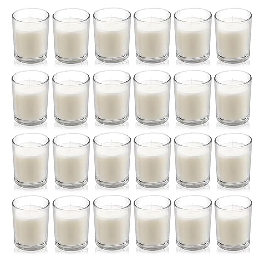 Housecret 24 Pack Warm White Unscented Clear Glass Filled Votive Candles. Hand Poured Wax Candle Ideal Gifts for Aromatherapy Spa Weddings Birthdays Holidays Party