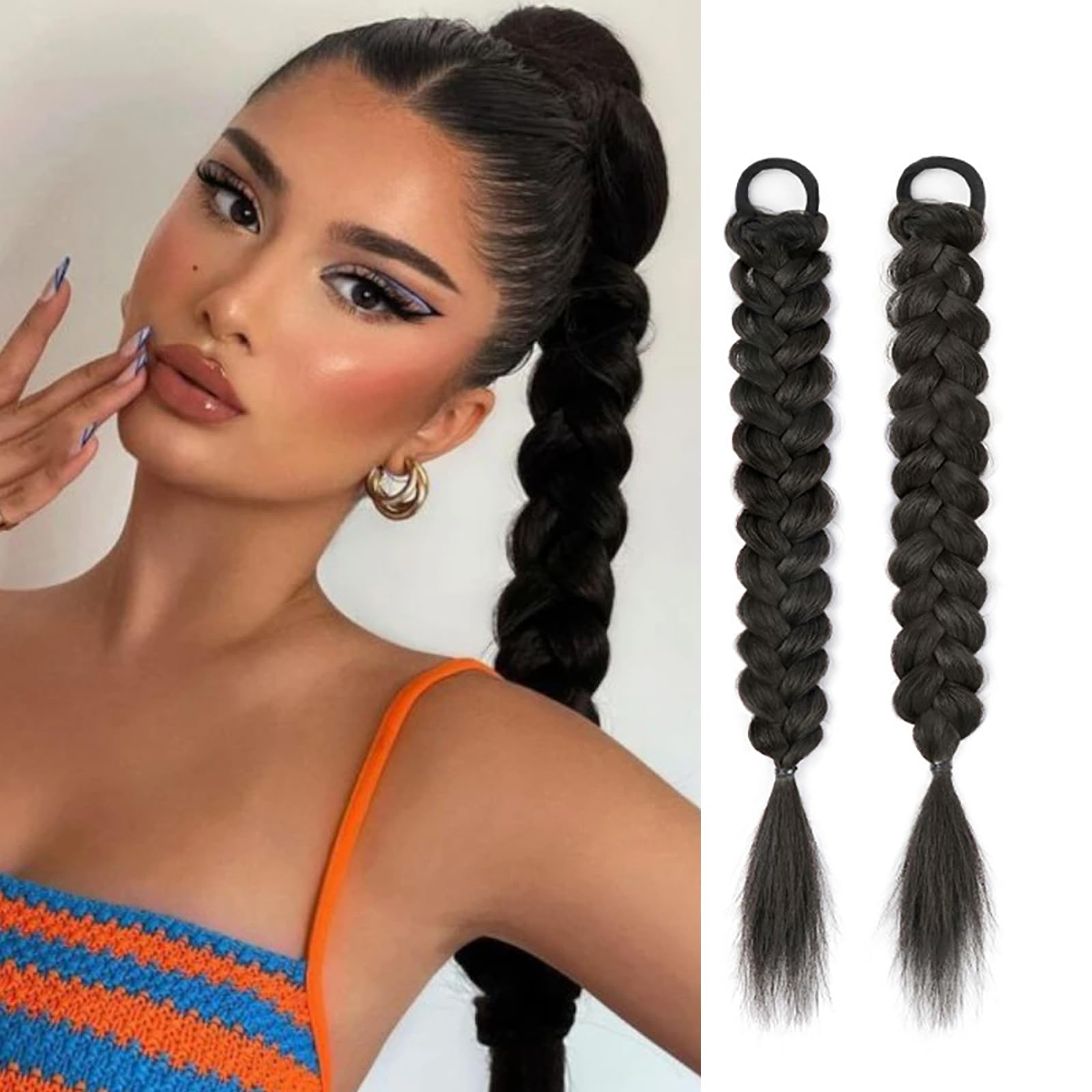 Ruzister 2 extensiones trenzadas de cola de caballo con gomas para el pelo, postizos sintéticos suaves para mujeres y niñas para uso diario, negro natural de 16 pulgadas