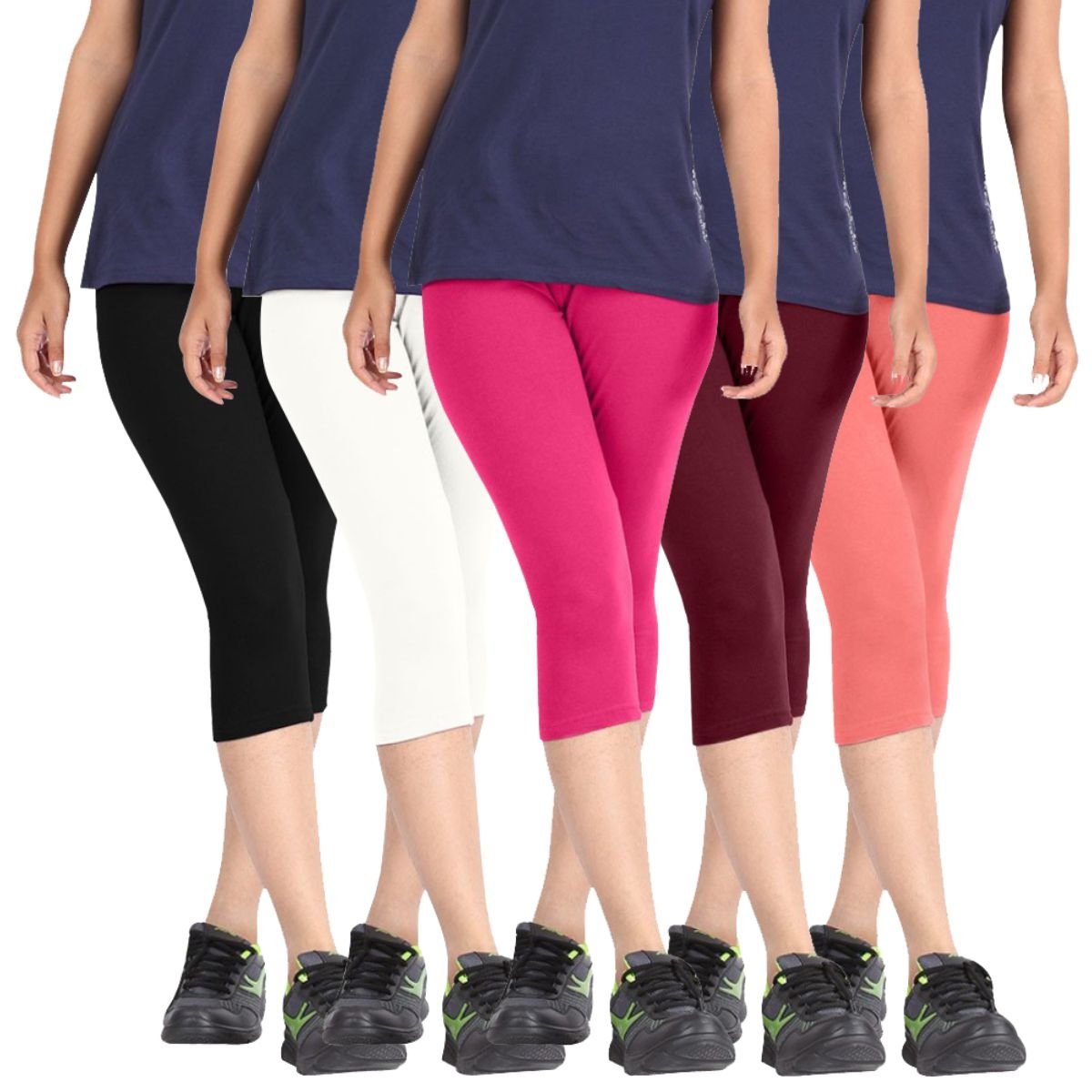 pixie Super Soft Bio-Washed 220 GSM Capri for Women, 4 Way Stretchable, Combo Pack of 5 (Black, White, Pink, Maroon and Baby Pink) - Free Size-picture-35