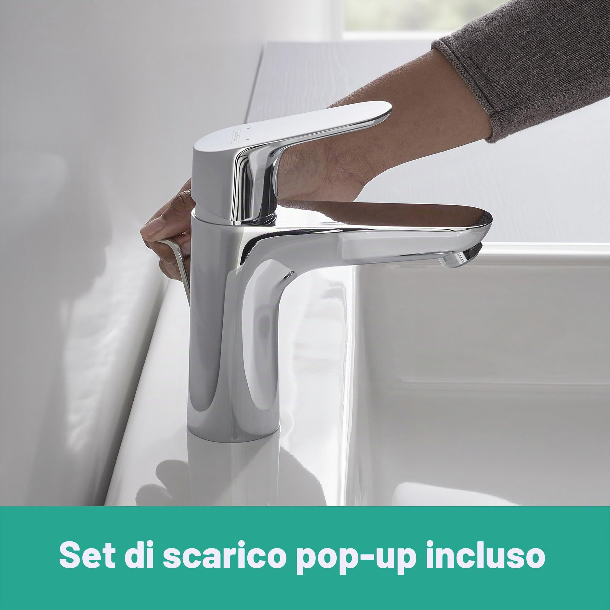 hansgrohe Focus - Rubinetto per lavabo con scarico a tirante, Miscelatore lavabo risparmio idrico (EcoSmart) con altezza bocca 94 mm, cromo, 31607000