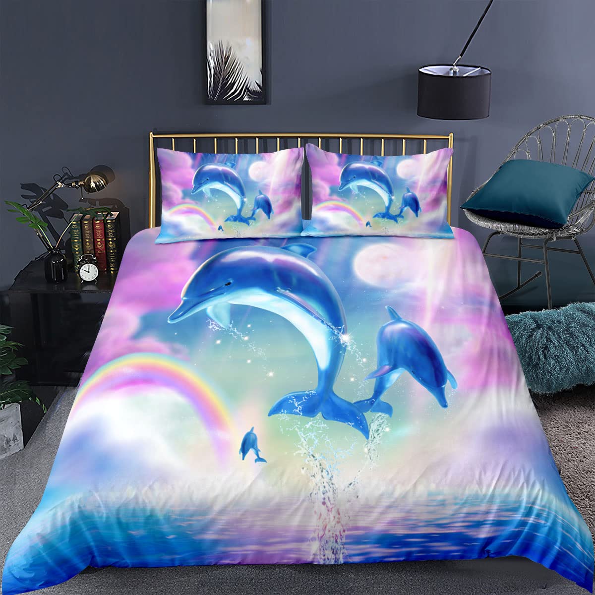 Jingzhang Dolphin and Ocean Bedding Set King Size,3 Pcs Rainbow and Pink Cloud Duevt Cover,Ultra Soft Microfiber Comforter Set with Zipper for Bedroom Decoration,1 Comforter+2 Pillow Sham