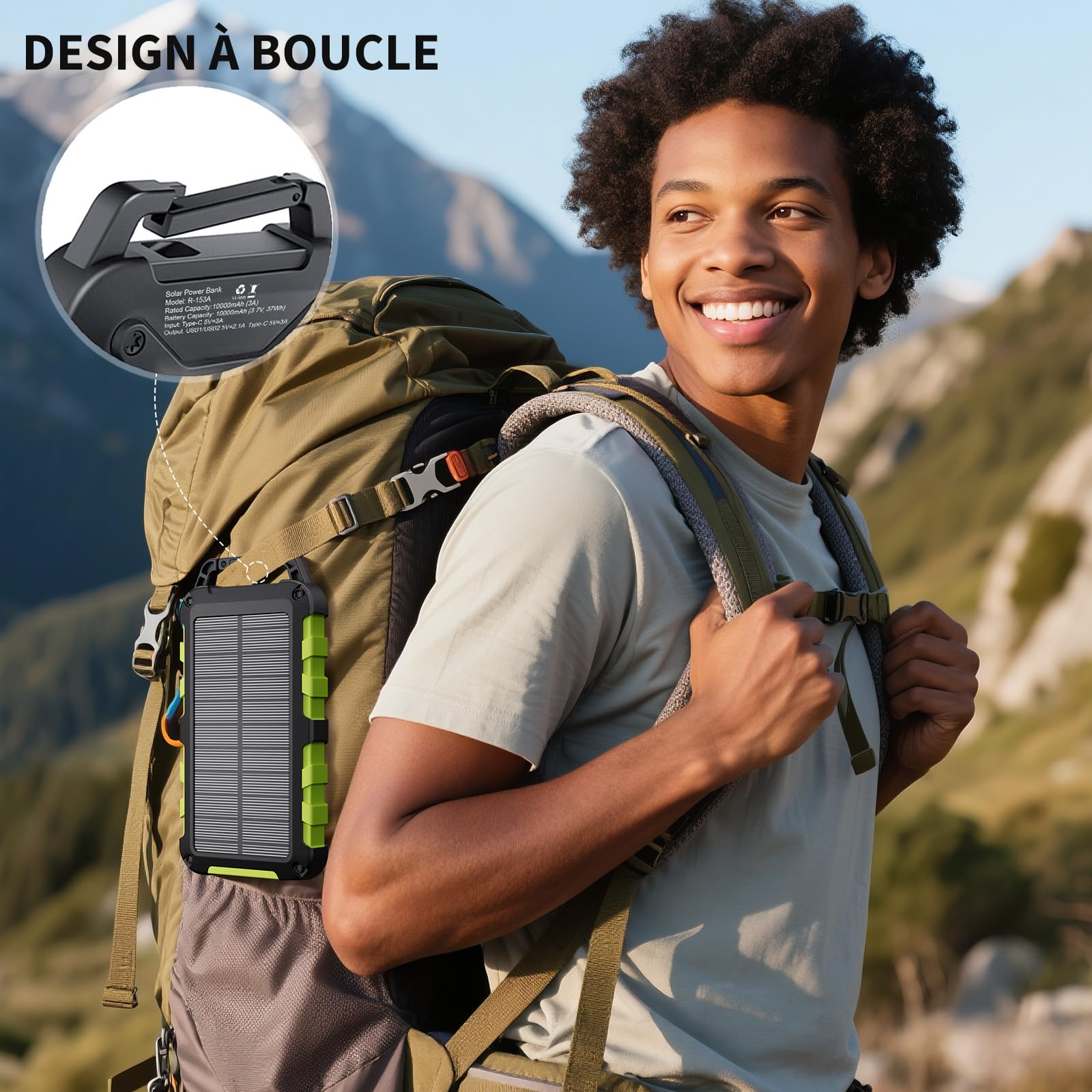 Batterie Externe Solaire 10000mAh PD 22,5W Chargeur Solaire avec 2 Ports USB et Une Entrée USB-C Charge Rapide Batterie Solaire Imperméable Compatible avec Téléphone Tablette Camping Vert