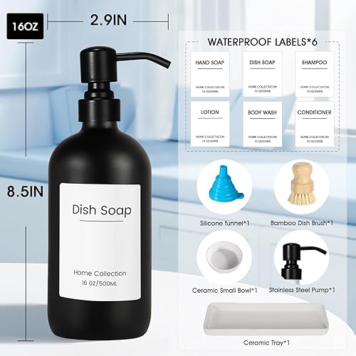 Miniatura 2 de Juego de dispensador de jabón de vidrio de cerámica juego de dispensador de jabón líquido para manos con bandeja de madera de granja, dispensador de