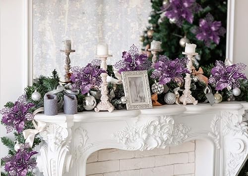 Miniatura 5 de RECUTMS - Paquete de 10 flores artificiales Estrella Federal con purpurina, adornos para decoración de árbol de Navidad, Año Nuevo, boda, guirnalda