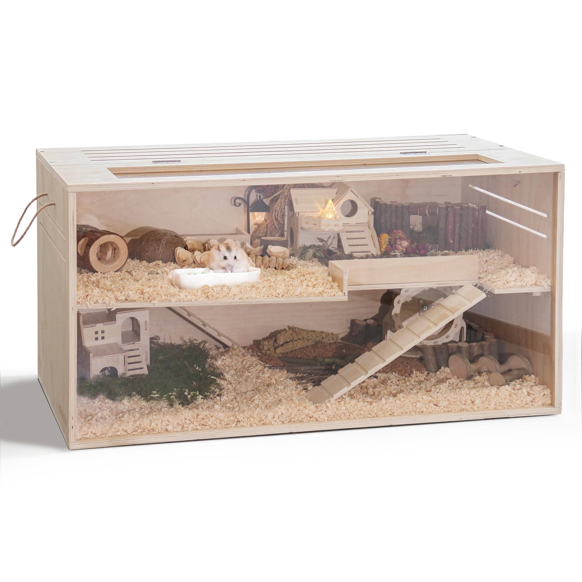 Hamster Cage Chewproof, 97CM Wooden Guinea Pig Cage for Small Animals, Openable Top with Easy View Acrylic Panels for Hamster, Rabbit, Guinea Pig, Hedgehog(2 Layer——97x49x49cm)