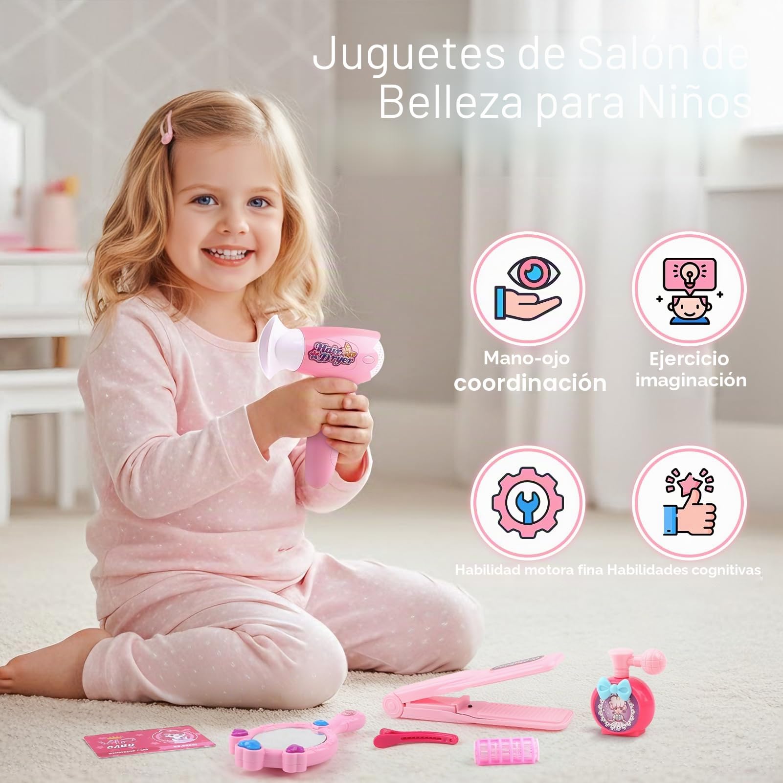 Sanlebi Juguetes de peluquería para niñas, Juego de 25 Piezas de Juguetes de Estilo para niños de 3 a 6 años con secador de Pelo, Tijeras de Peluquero y Accesorios de Estilista