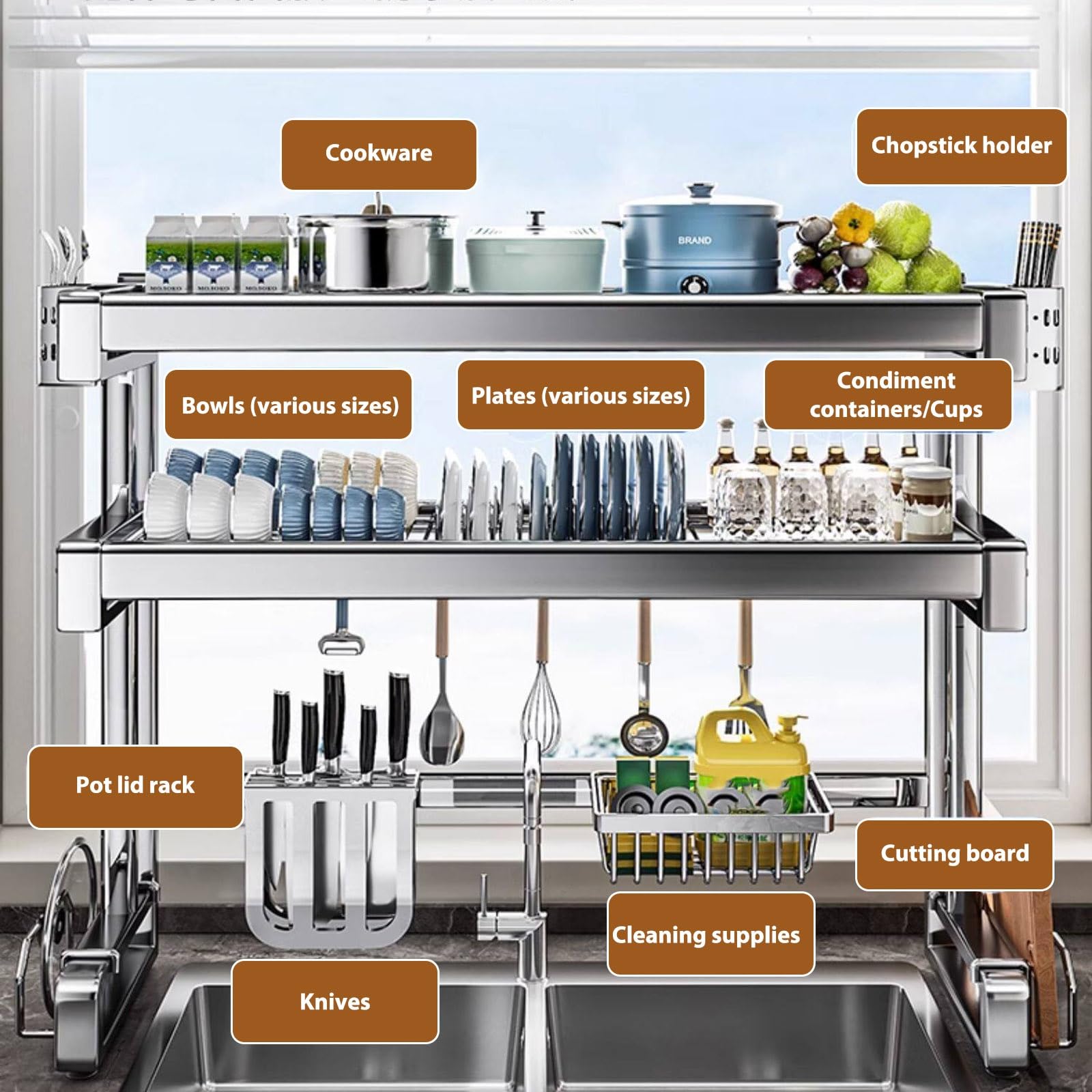 Escurridor de platos para encimera de cocina sobre fregadero, estante de metal multifuncional para organización de cocina, almacenamiento de doble capa para platos, vasos, cuencos, cubiertos, 97 cm
