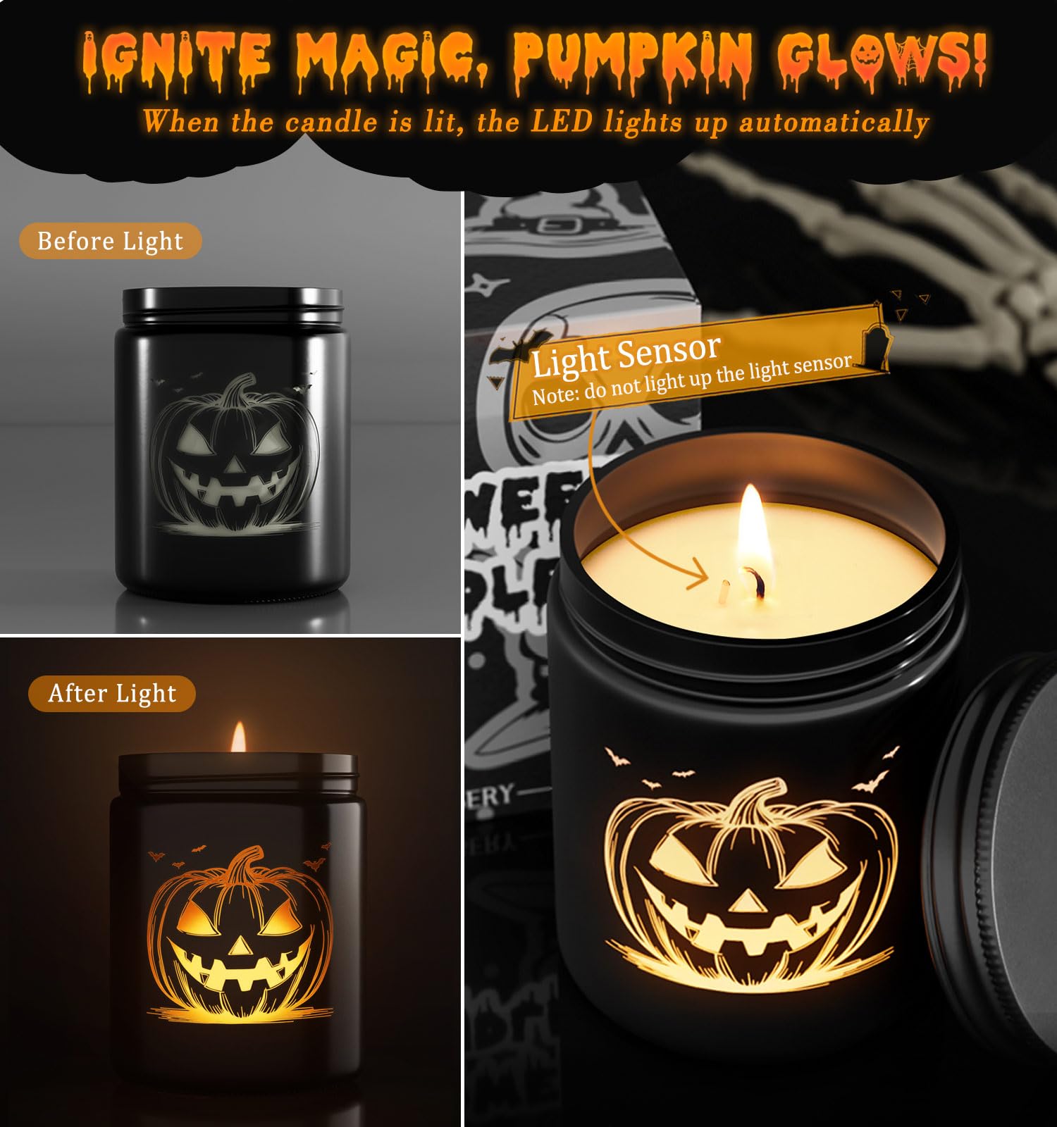 Halloween Candle with LED Pumpkin Face,Fall Candle with Pumpkin Spice Scent Over 40 Hours of Burn Time, Gift for Halloween Decorations Indoor, 100% Soy Wax