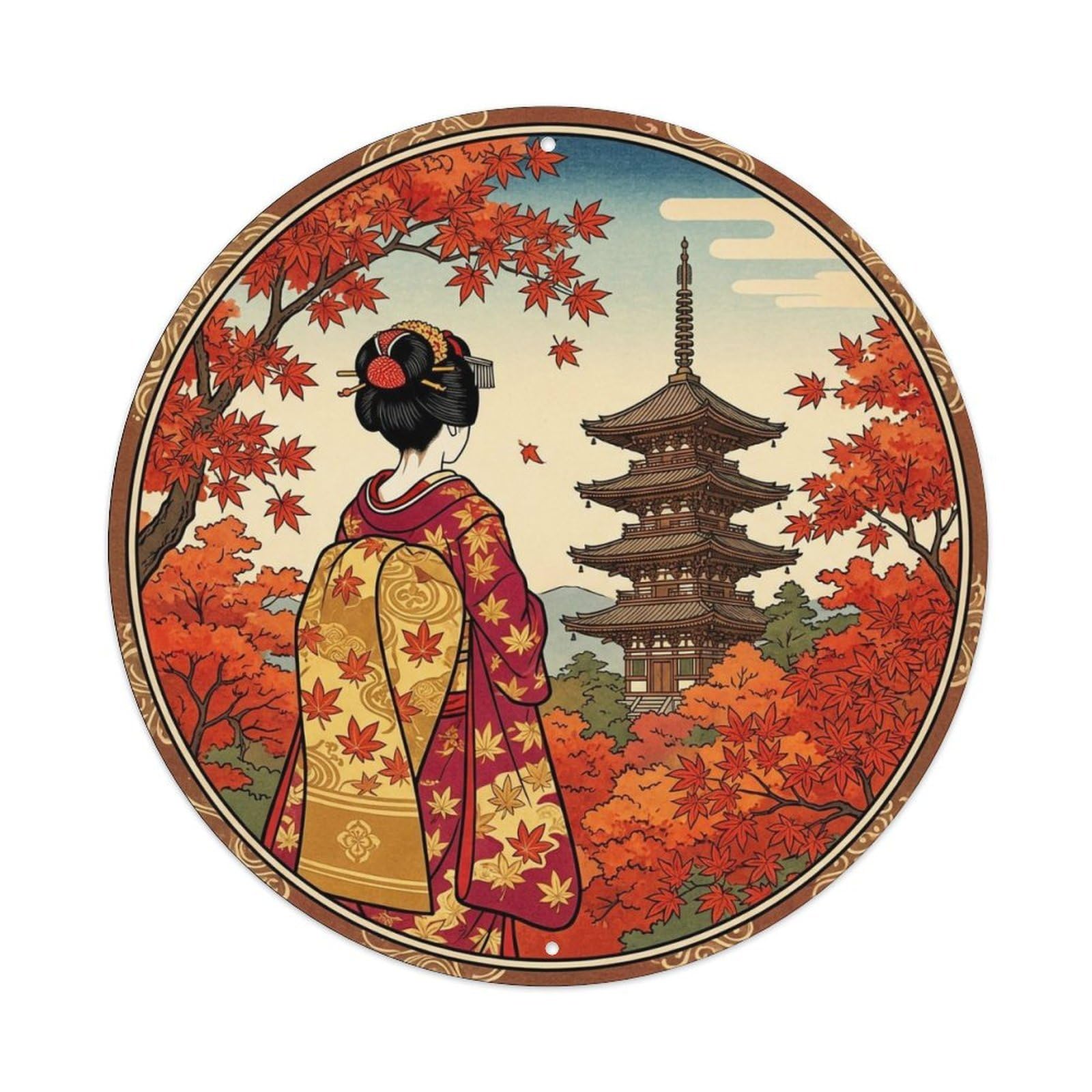Japanese Geisha Autumn Pagoda Red Maple Landscape Metal Tin Sign