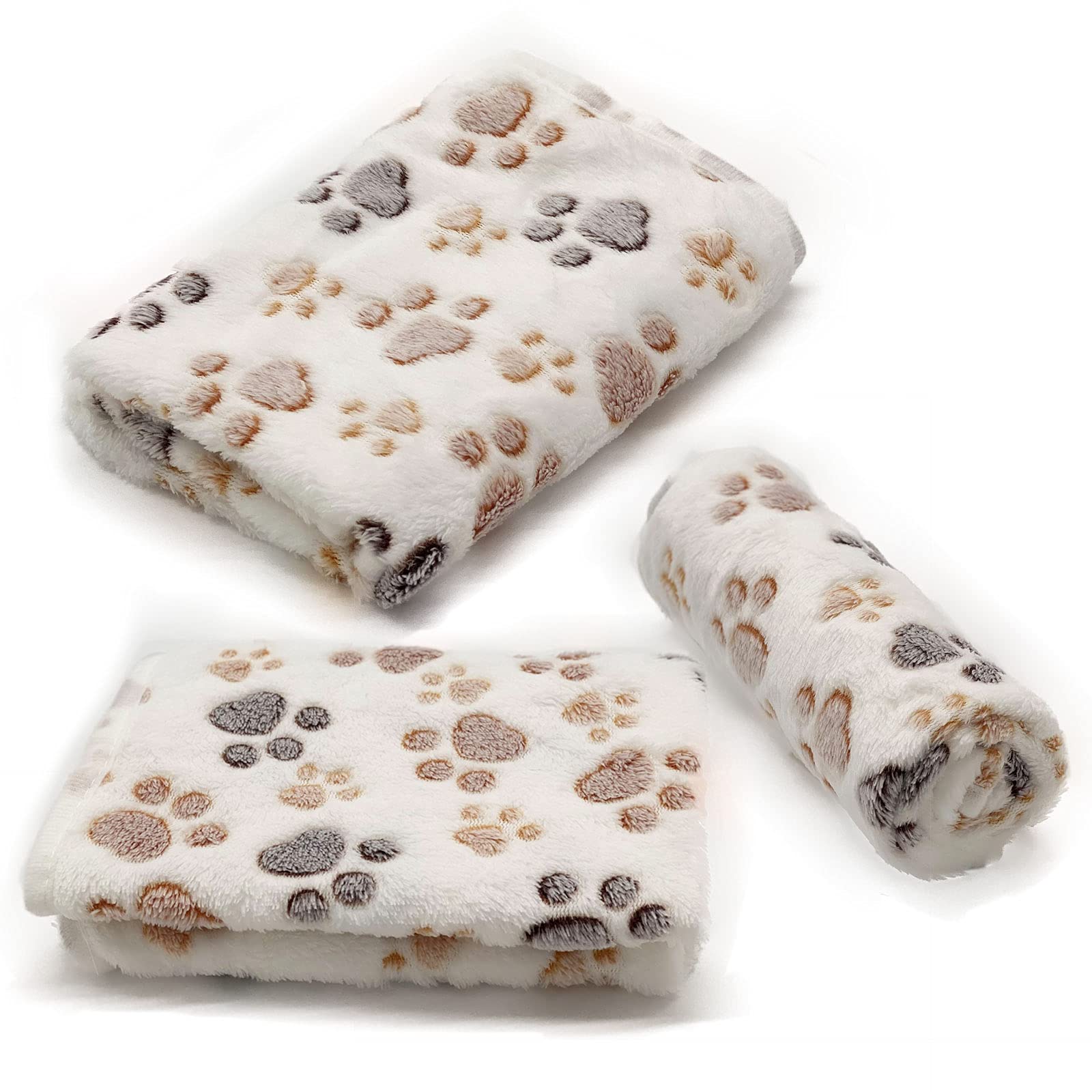 SORKUT 1 paquete de 3 mantas para cachorros, súper suaves y cálidas, manta de franela de forro polar de alta calidad para perros, cachorros, gatos, estampado de patas, beige/rosa/marrón, tamaño