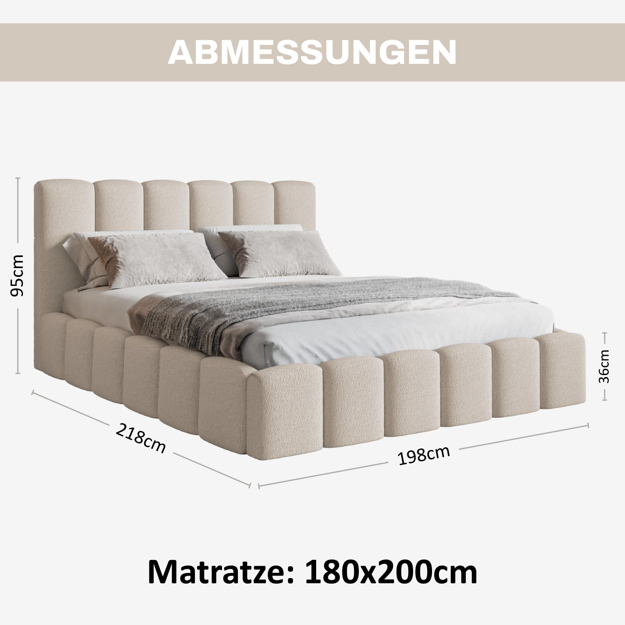 MOTIVENA Nunu Bubble Bett 180x200 Beige Boucle, mit Stauraum, mit Kopfteil, mit Lattenrost, ohne Füße, ohne Matratze, Bubble Polsterbett 180x200 mit Bettkasten Beige