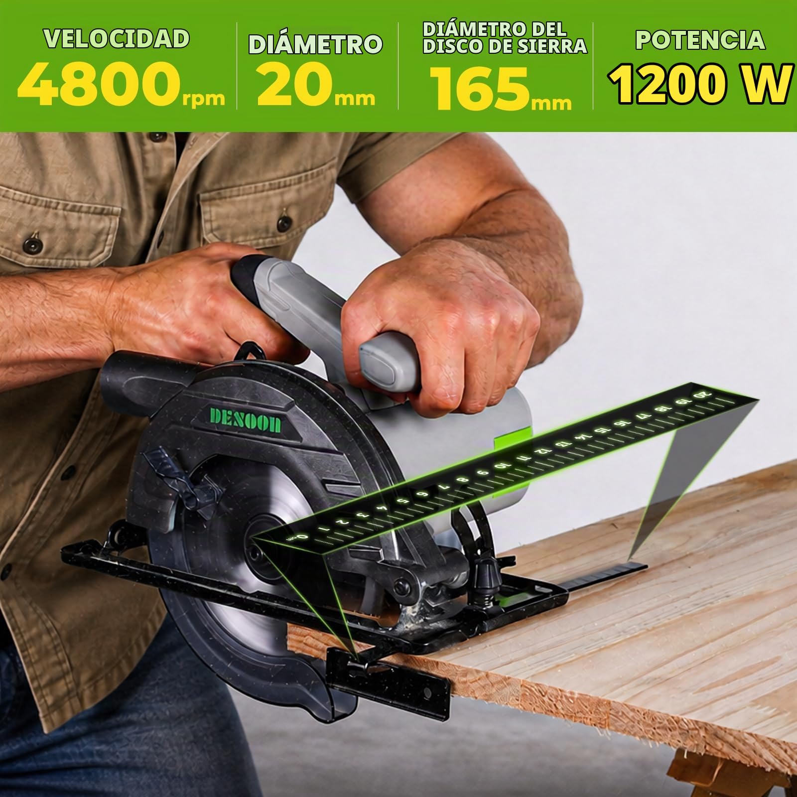 DESOON Sierra Circular de 1200 W, 4800 RPM, Incluye una Regla Guía y 2 Hojas de Sierra (165 mm, 24T y 40T), Profundidad de Corte de 55 mm (90°) y 33 mm (45°), para Corte de Madera