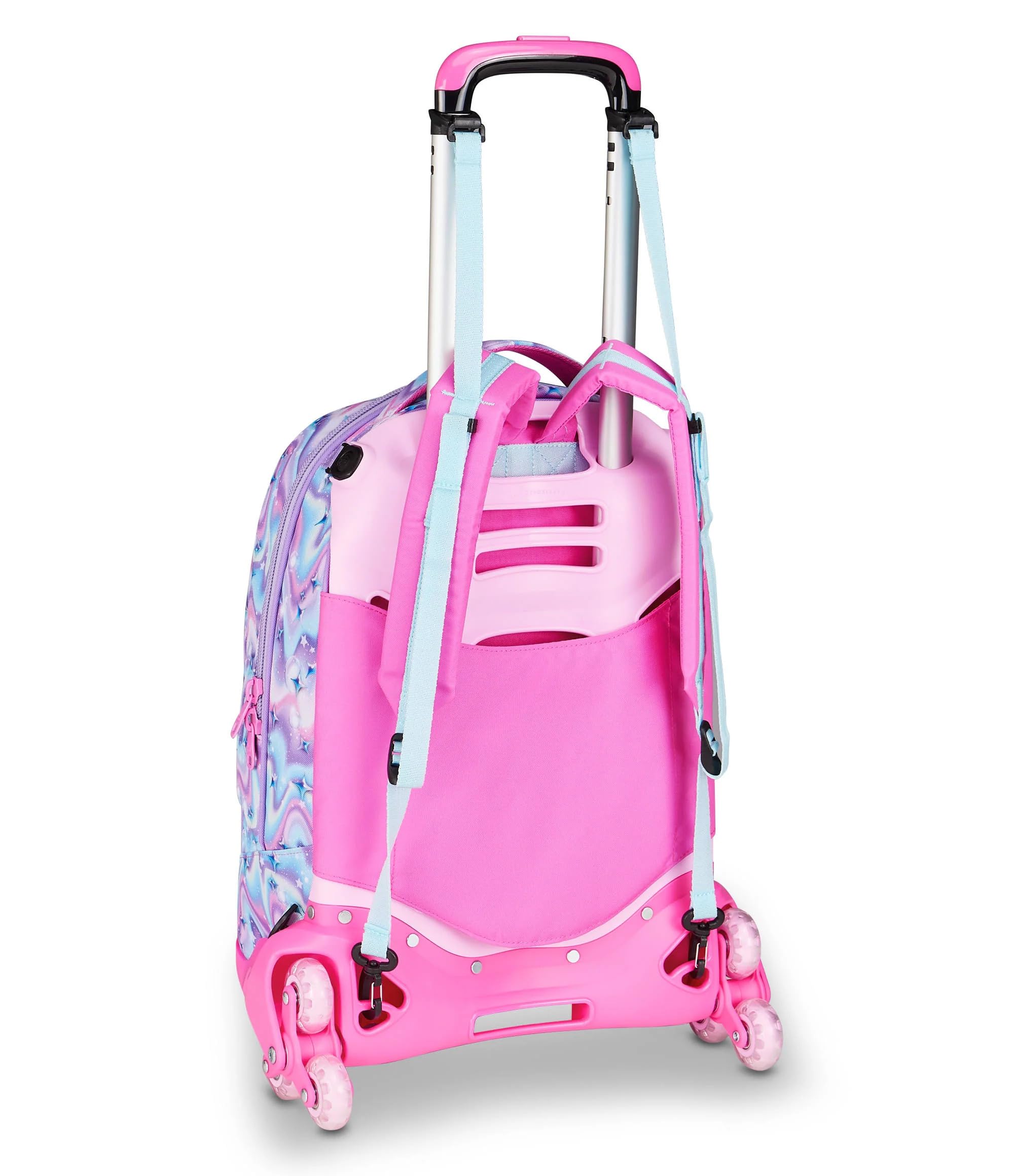Trolley Scuola Jack 8 Ruote con zaino staccabile Glow Led Unicorno, 3 in 1 per Scuola primaria Bambina + Astuccio 3 zip con cancelleria + 7 penne a scatto e portachiave pailettes