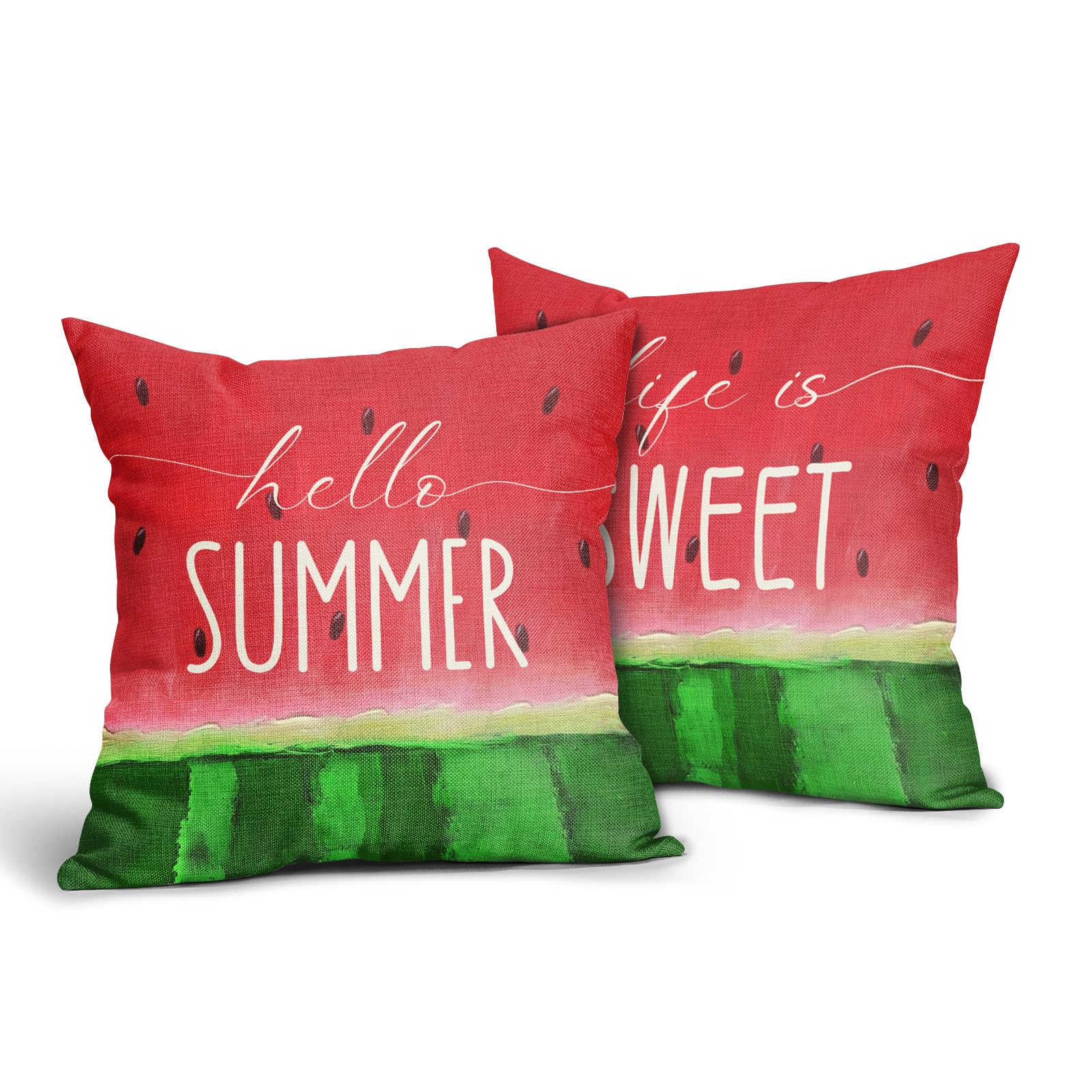 AmplePisce Watermelon Pillow Covers 18x18 Inch Set of 2 Hello Summer Cotton Linen Decorative Throw Pillow Case Fruit Sweet Home Cushion Covers for