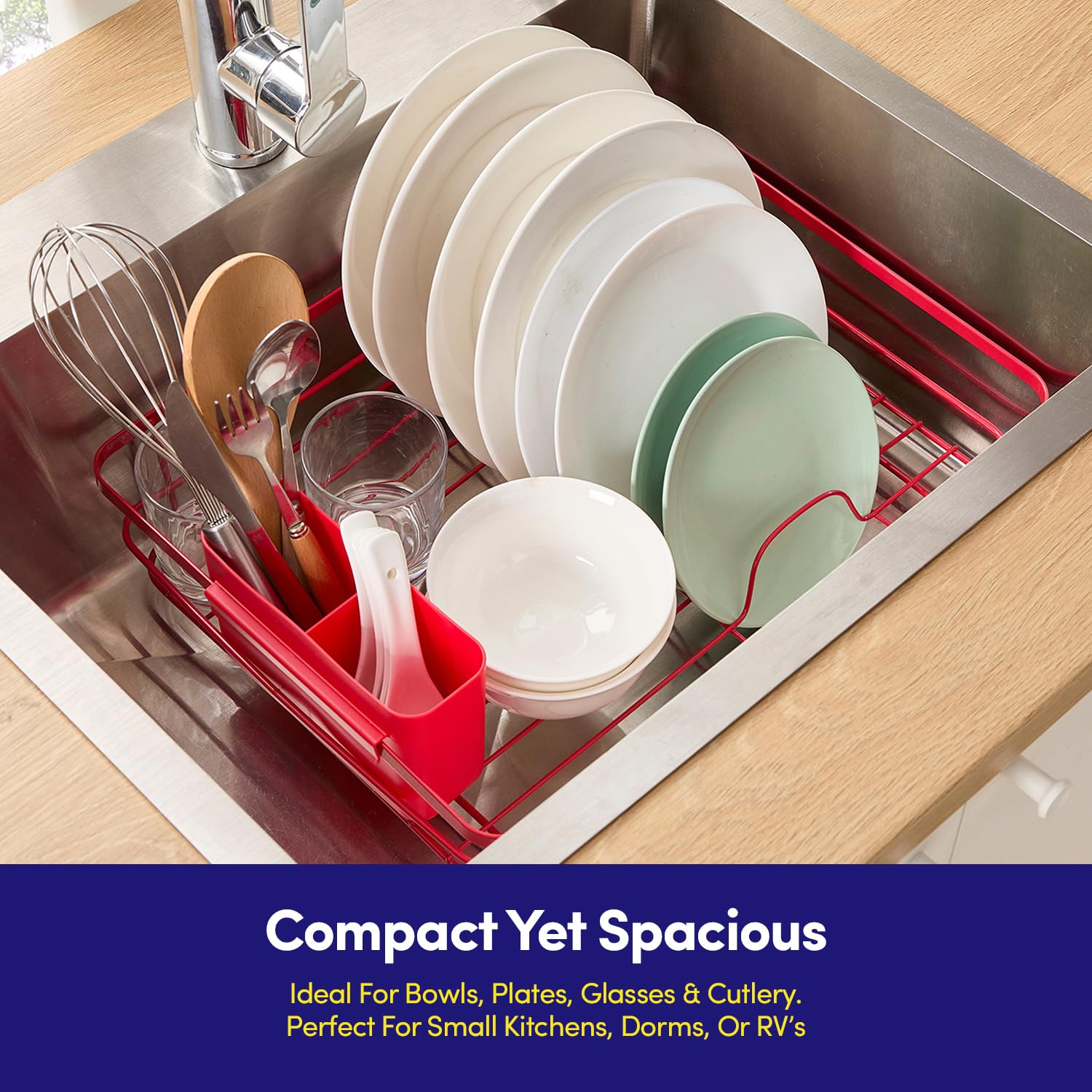Sweet Home Collection avec Porte-ustensiles Amovible et Bec pivotant pour comptoir – Égouttoir à Vaisselle pour Assiettes, Tasses et Organisation, Plastique métallique, Rouge, 39,4 x 30,5 x 12,7 cm