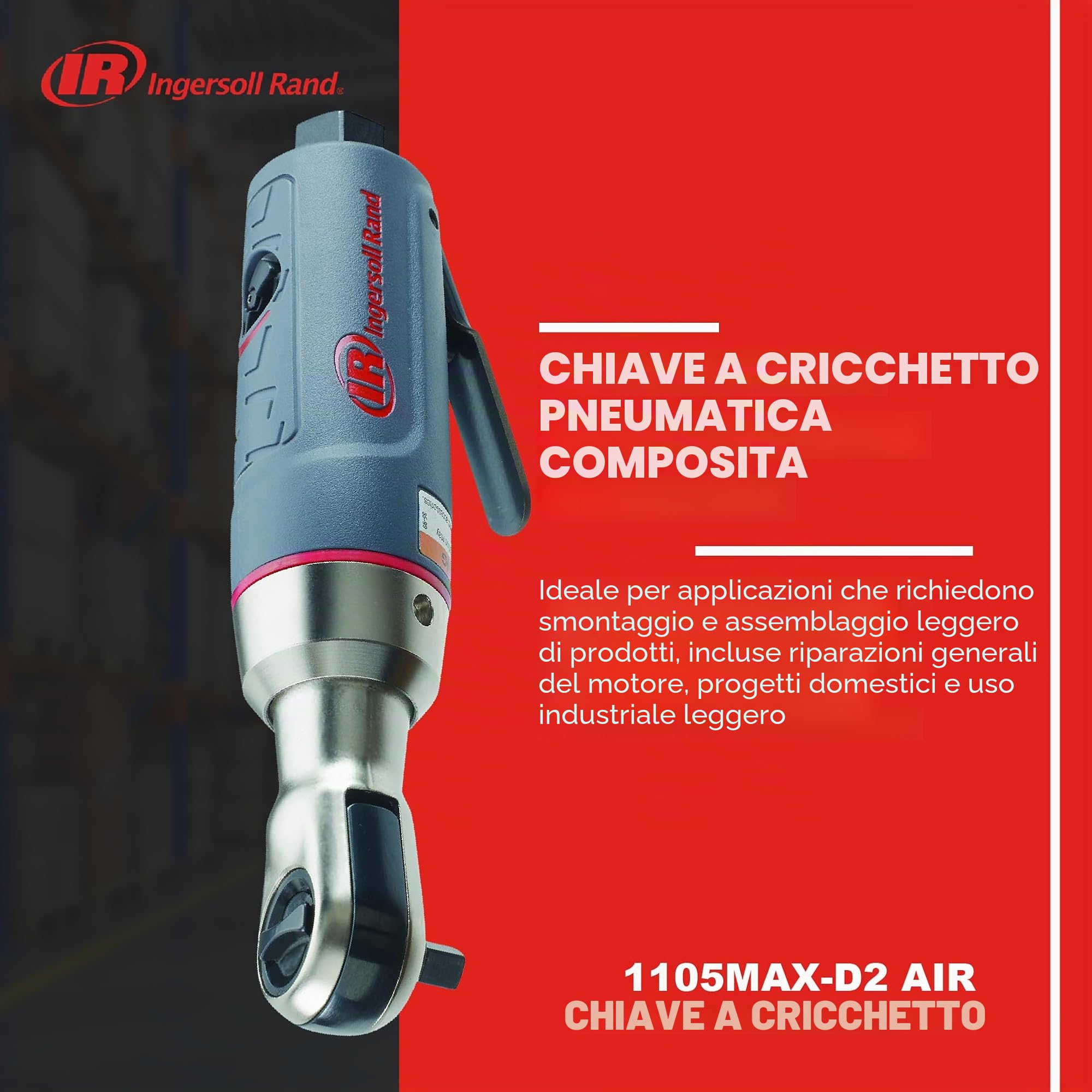 Ingersoll-Rand Mini Chiave a Cricchetto Pneumatica 1105MAX-D2, 1/4”, in Materiale Composito, 40,7 Nm di Coppia e 300 giri/min di Velocità Massima