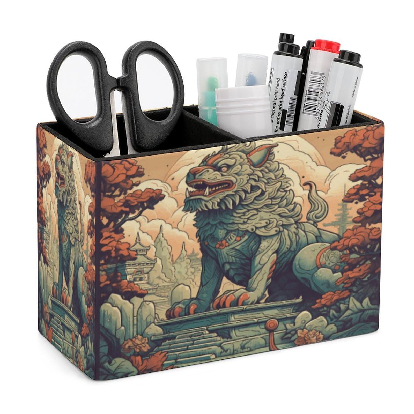 LZQPOEAS Lion Statue Leather Pen Holder Square Pencil Holder Multi-Functional Desk Organizer Modern Pen Cup Pencil Cup Minimalist Desktop Stationery Organizer for Desk Office Home