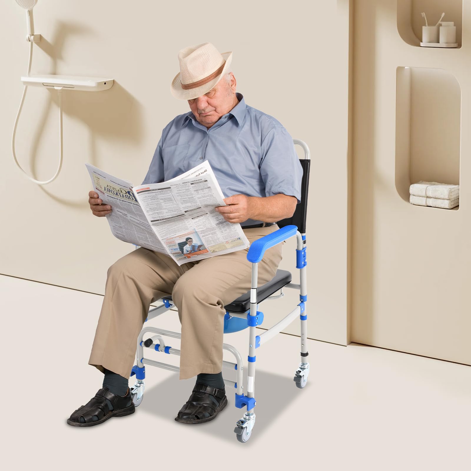 Silla de inodoro para personas mayores, plegable con ruedas, capacidad de carga de 125 kg y 4 ruedas de freno, altura ajustable (41-49 cm), para personas mayores y personas con movilidad reducida